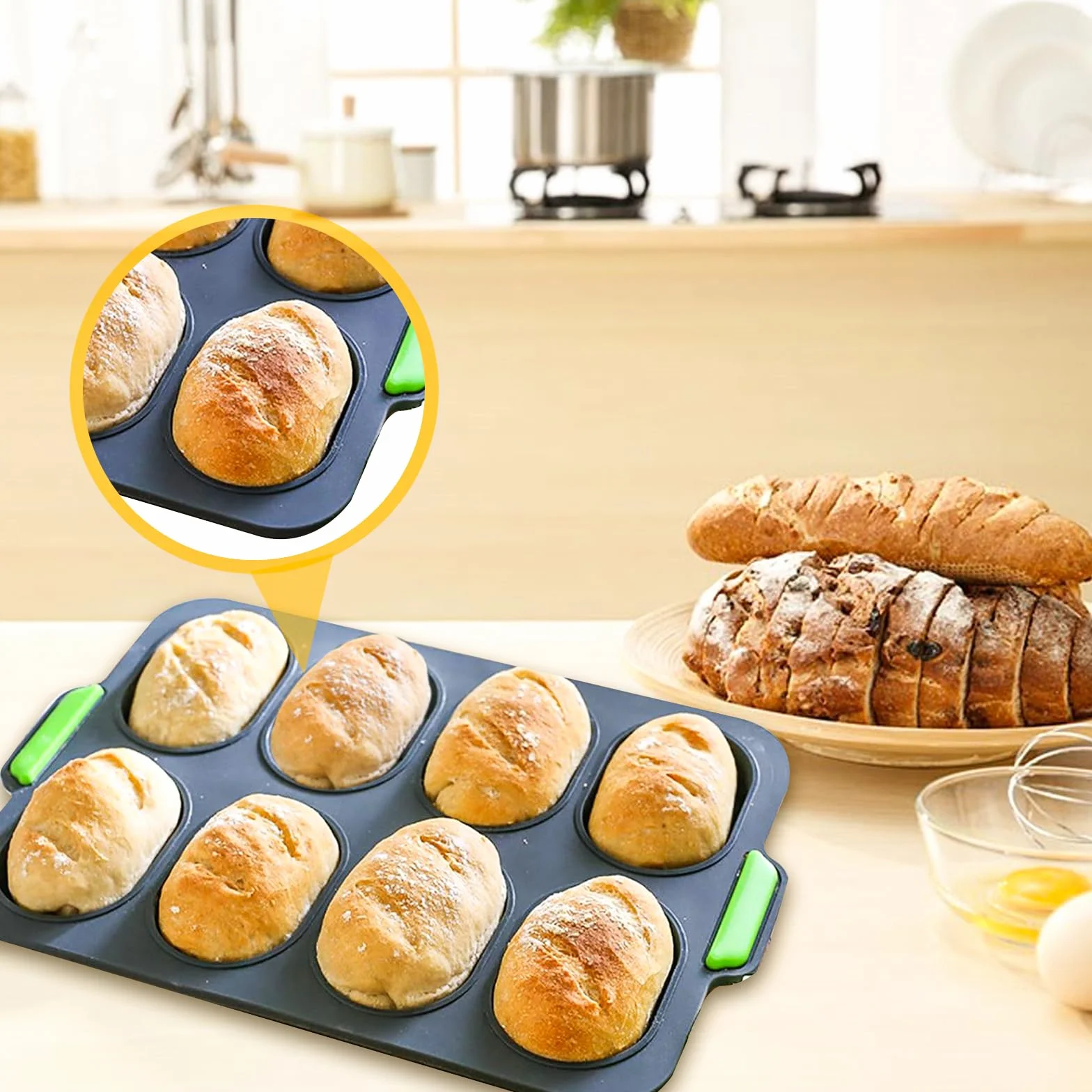 Forma do pieczenia bułek, 2 sztuki, silikonowa forma do pieczenia bagietek, z 4, 8 miejscami, formy do pieczenia bagietek i bułek, nieprzywierająca, ze szpatułką i pędzlem do oleju, do