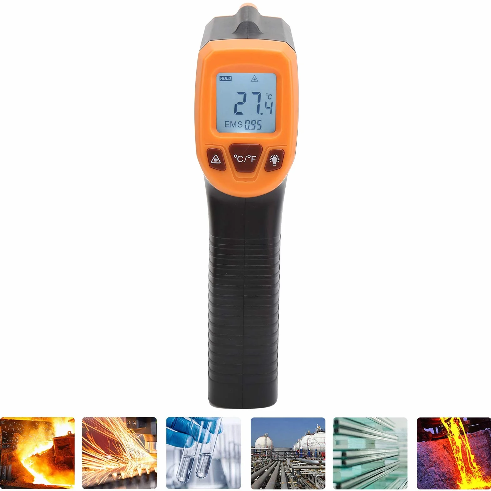 Termometr na Podczerwień, GM320S Laserowy Termometr na Podczerwień Temp Gun Bezdotykowy Termometr Cyfrowy z Wyświetlaczem LCD do Gotowania w Piecu do Pizzy Grill Kuchnia(Pomarańczowy)