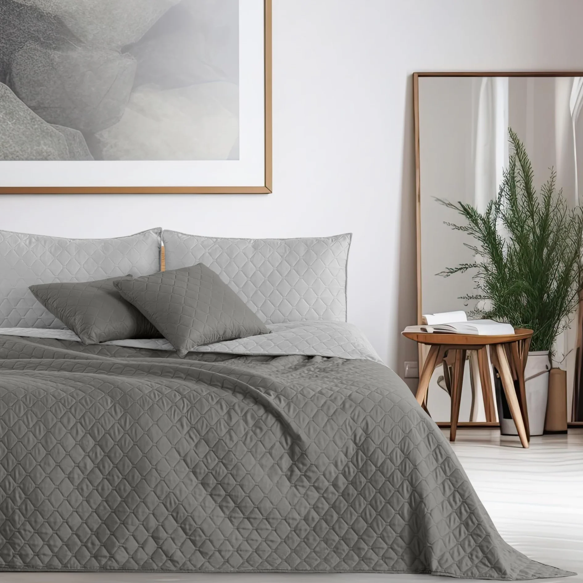 DecoKing Narzuta Na Łóżko 200 x 220 cm Szara Srebrna Dwustronna Pikowana Łatwa W Pielęgnacji Axel
