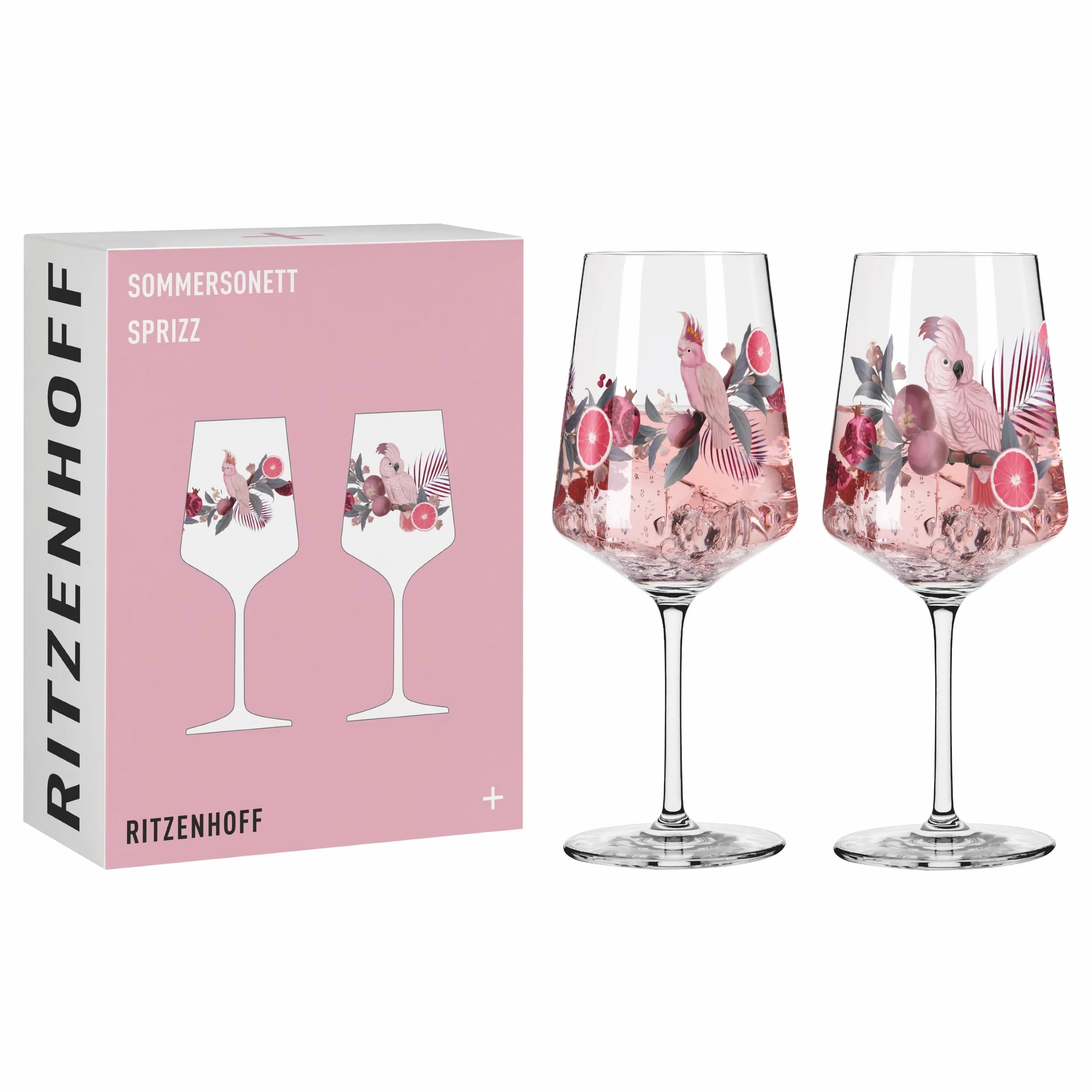 RITZENHOFF Kieliszek do aperitifu 500 ml zestaw 2 szt. seria Sonet letni motyw kakadu różowy szary