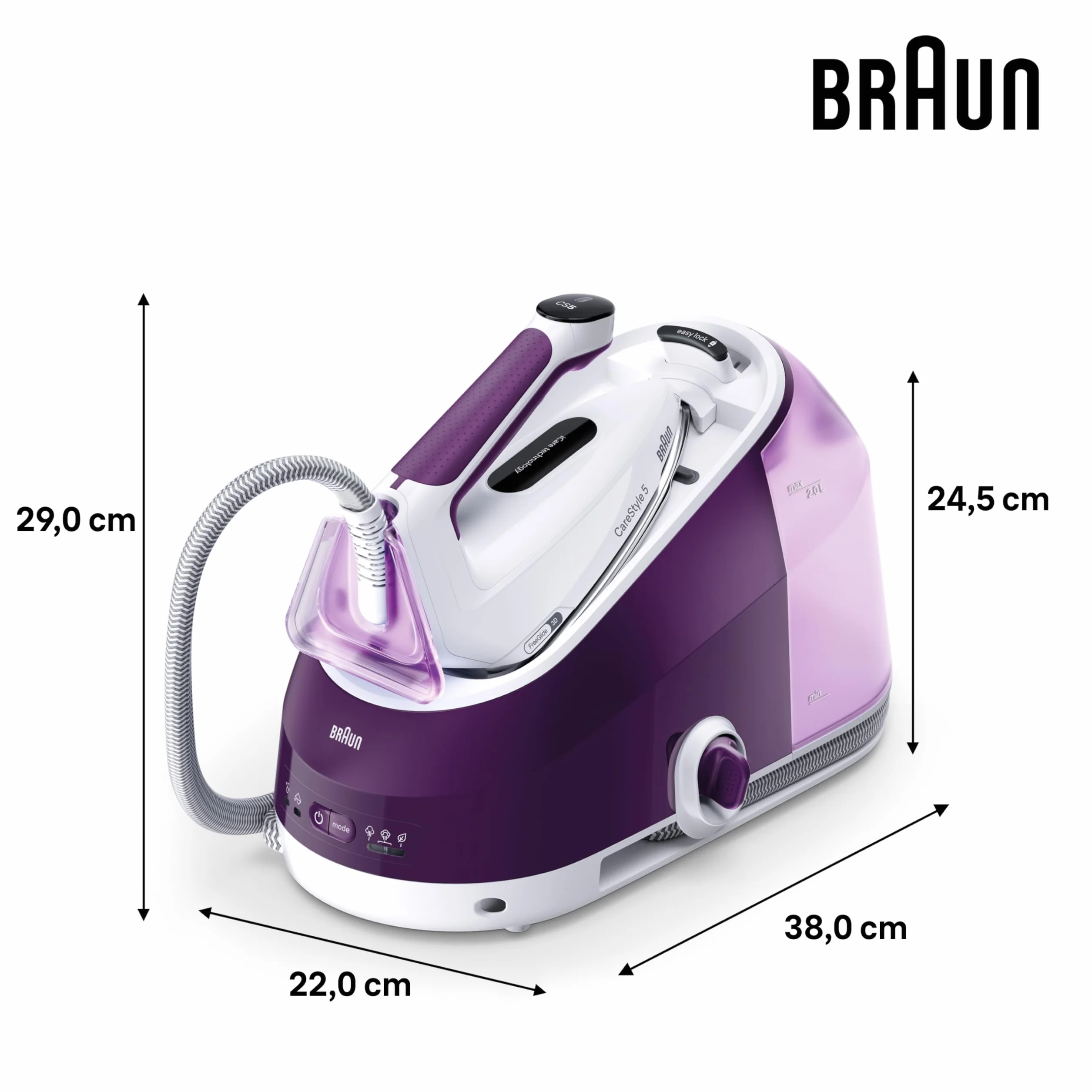 Braun CareStyle 5 IS5247VI żelazko parowe z technologią FreeGlide 3D, 145 g/min pary, szybkie nagrzewanie, tryb iCare, pionowe prasowanie, zdejmowany zbiornik 2 l, 2400 W, fioletowy