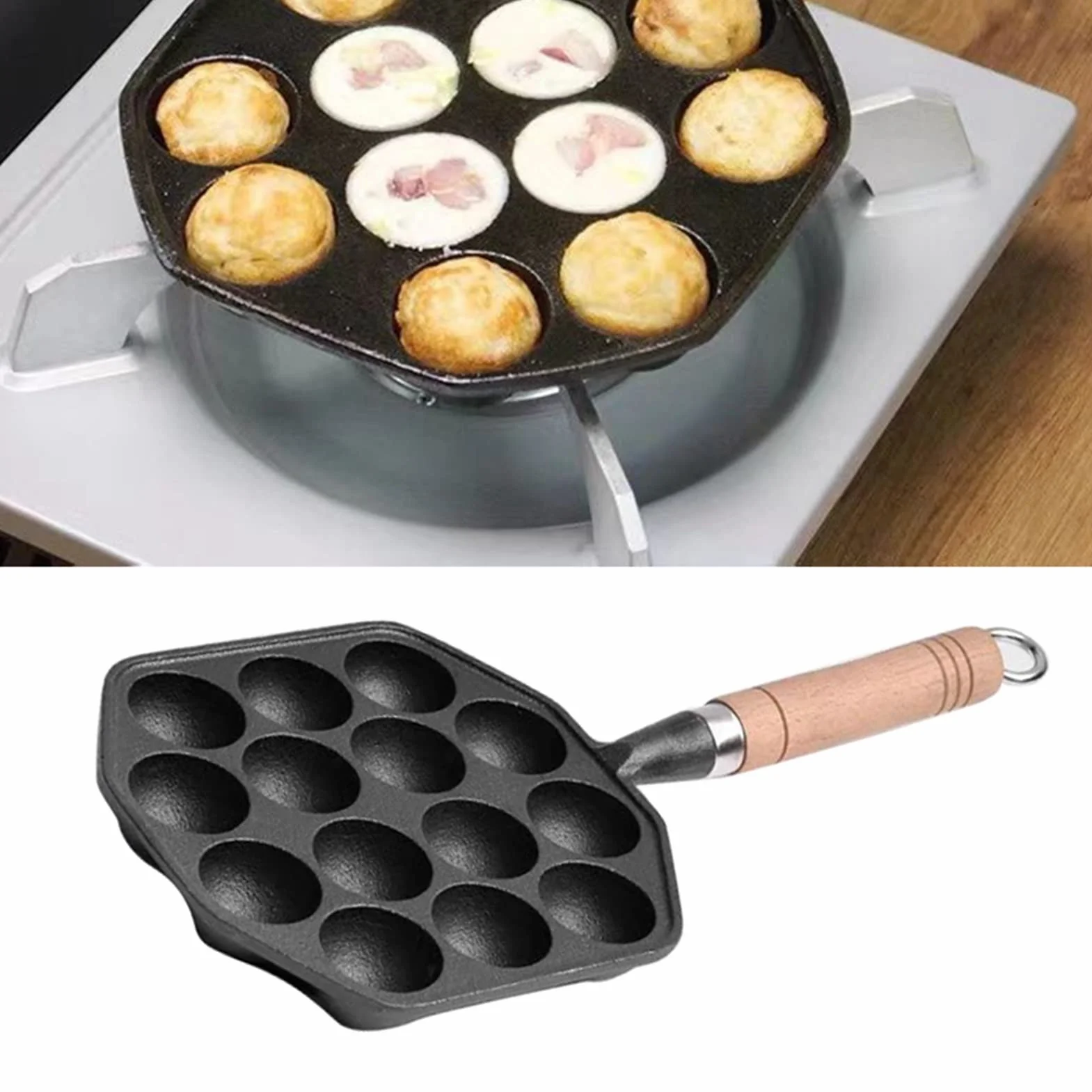 14 otworów Takoyaki patelnia do grilla, nieprzywierająca żeliwna ośmiornica, kulki mięsne, forma z odpinanym uchwytem, do domowego pieczenia naleśników