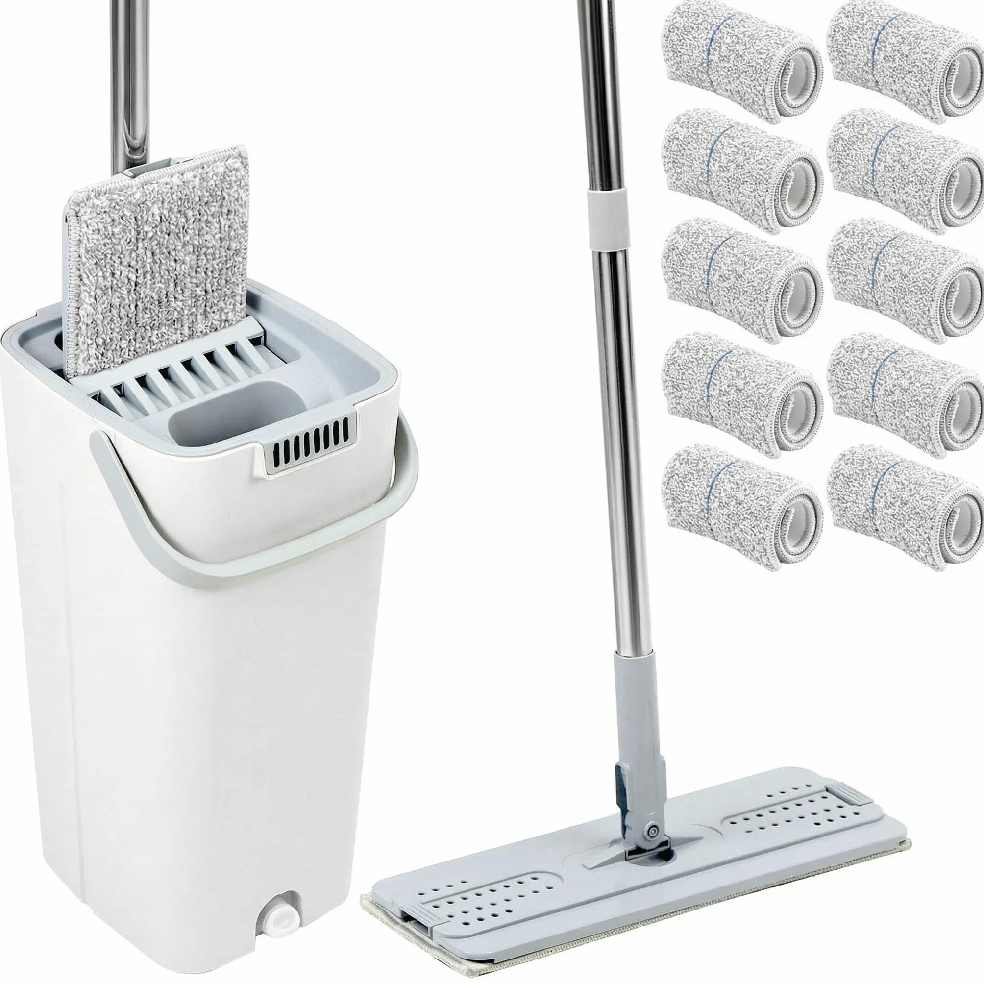 QWORK® Zestaw mopa i wiadra, wielofunkcyjny system czyszczący dwukomorowy, z 10 podkładkami z mikrofibry i uchwytem o długości 120 cm