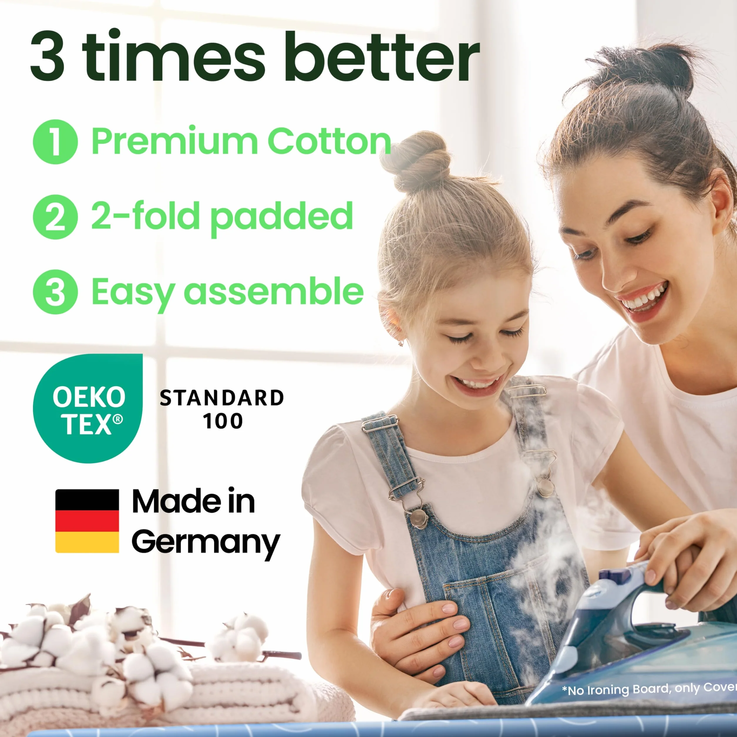 SimplySmooth Pokrowiec na deskę do prasowania premium 150x50 | OEKO-TEX 100 | Wyprodukowano w Niemczech | Pasuje do desek 145–150x45–50 cm | Kompatybilny ze stacją parową | Rozmiar XXL