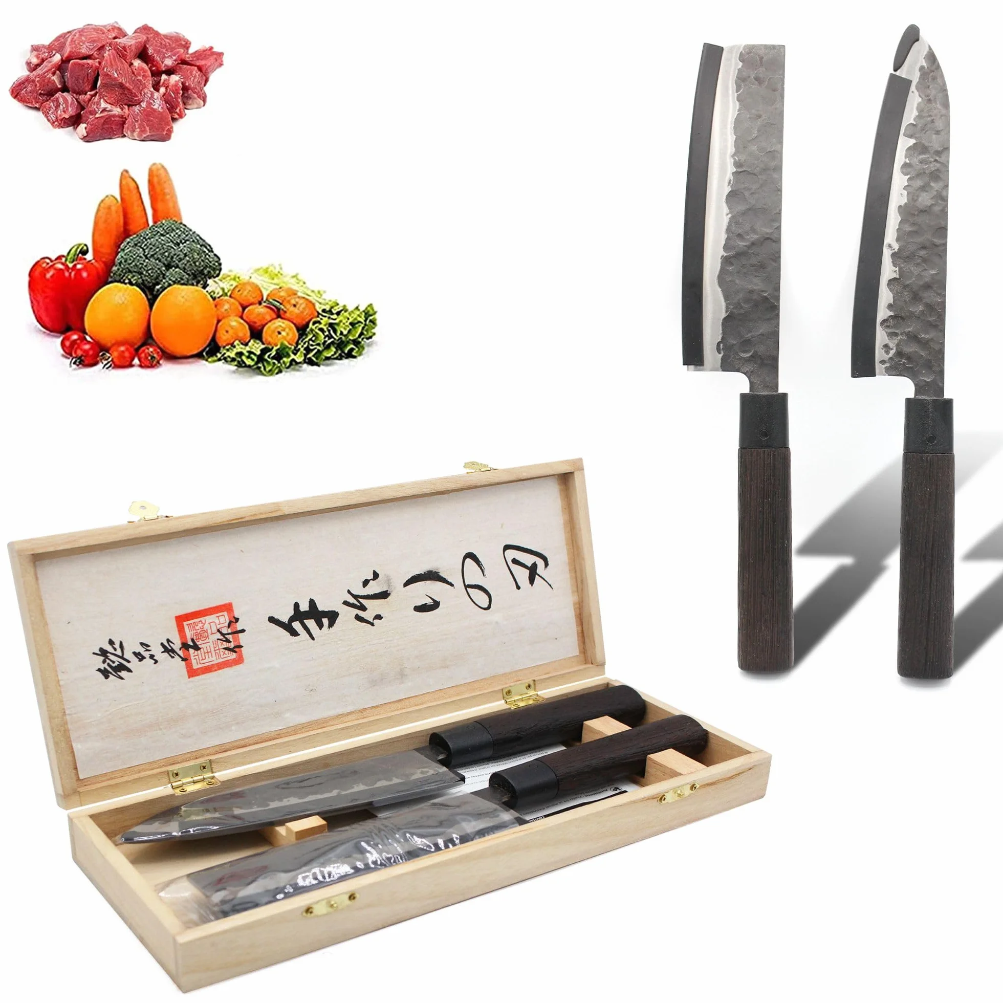 FISHTEC - Coffret 2 Couteaux Japonais - Nakiri et Santoku - Lame en Acier - Manche en Palissandre Africain - Boite Cadeau Protégeant la Lame - Coefficient 58 HRC - Martelage Artisanal
