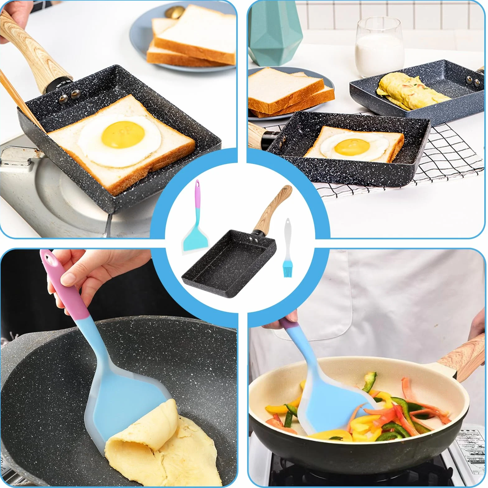 GBKDQQ Tamagoyaki Patelnia do omletów, nieprzywierająca, prostokątna, japońska patelnia do wszystkich rodzajów kuchenek, piekarnika i mycia w zmywarce, w zestawie szczotka do oleju, silikonowa