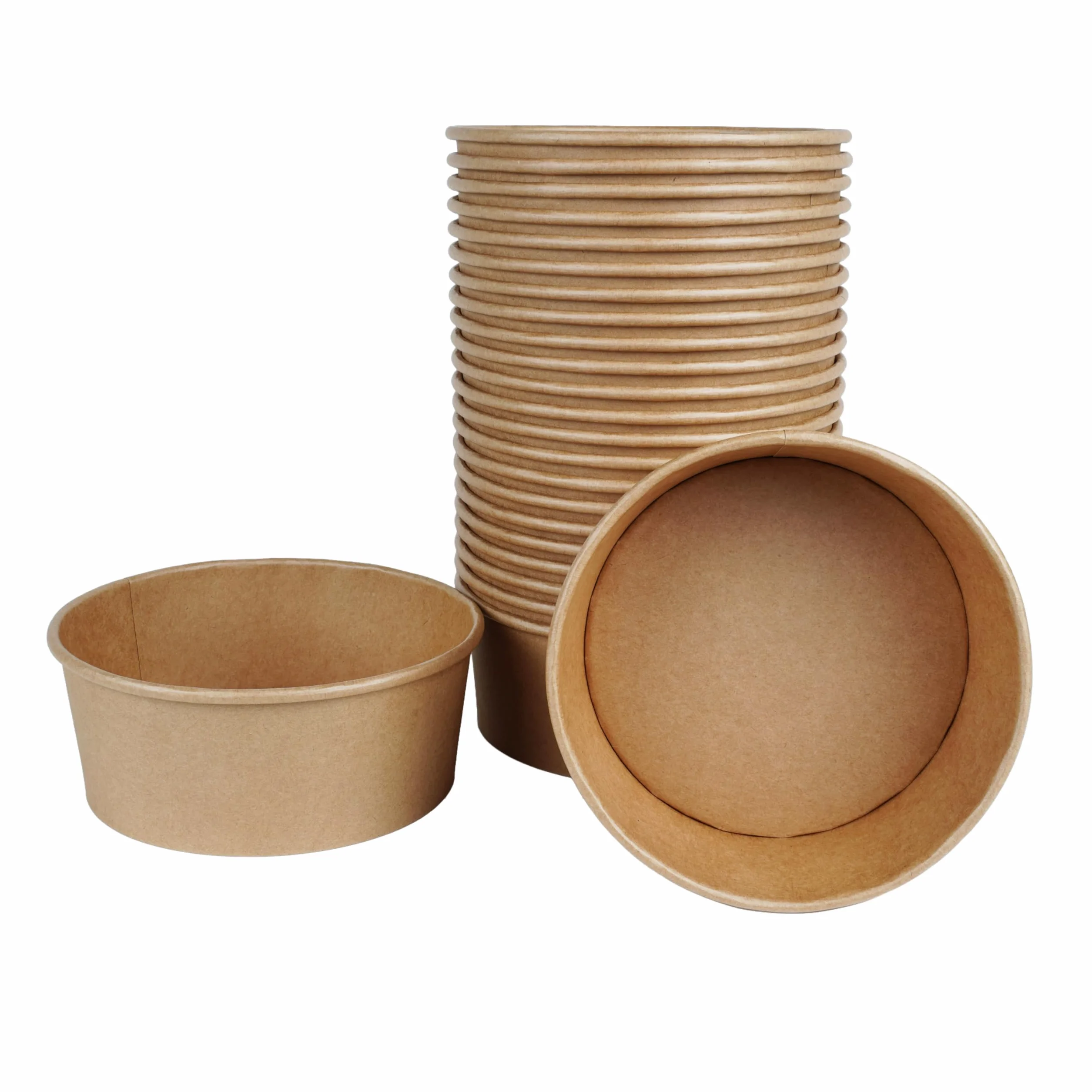 Inoverse Kraft 200 sztuk miseczek do sałatek z pokrywką 750 ml – papierowe miseczki do sałatek, jednorazowych miseczek papierowych do sałatek, zup, musli, przekąsek, okrągłe, z twardego papieru