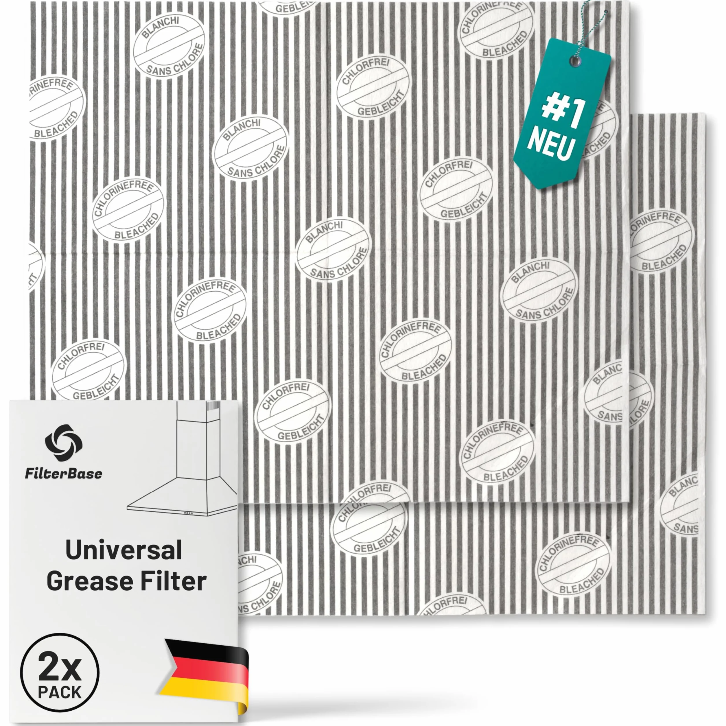 FilterBase Uniwersalny filtr przeciwtłuszczowy do okapu kuchennego, 2 sztuki, filtr do okapu kuchennego ze wskaźnikiem nasycenia, kompostowalny, możliwość przycięcia, 57 x 47 cm