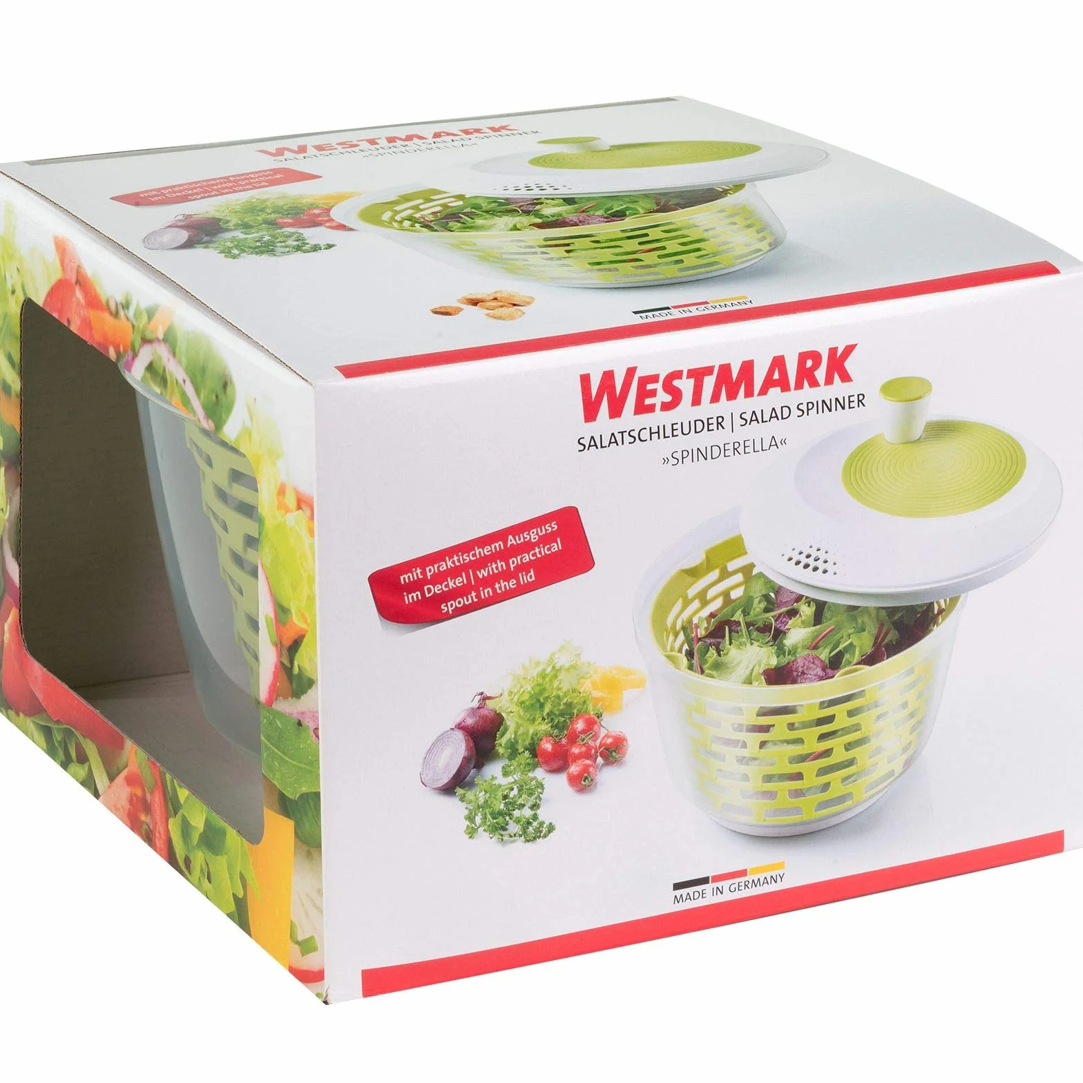 Westmark Wirówka do sałaty, Pojemność: 4,4 litra, średnica 23,5 cm, Tworzywo sztuczne, Bez BPA, Spinderella, Kolor przezroczysty,biały,zielony, 243022EA