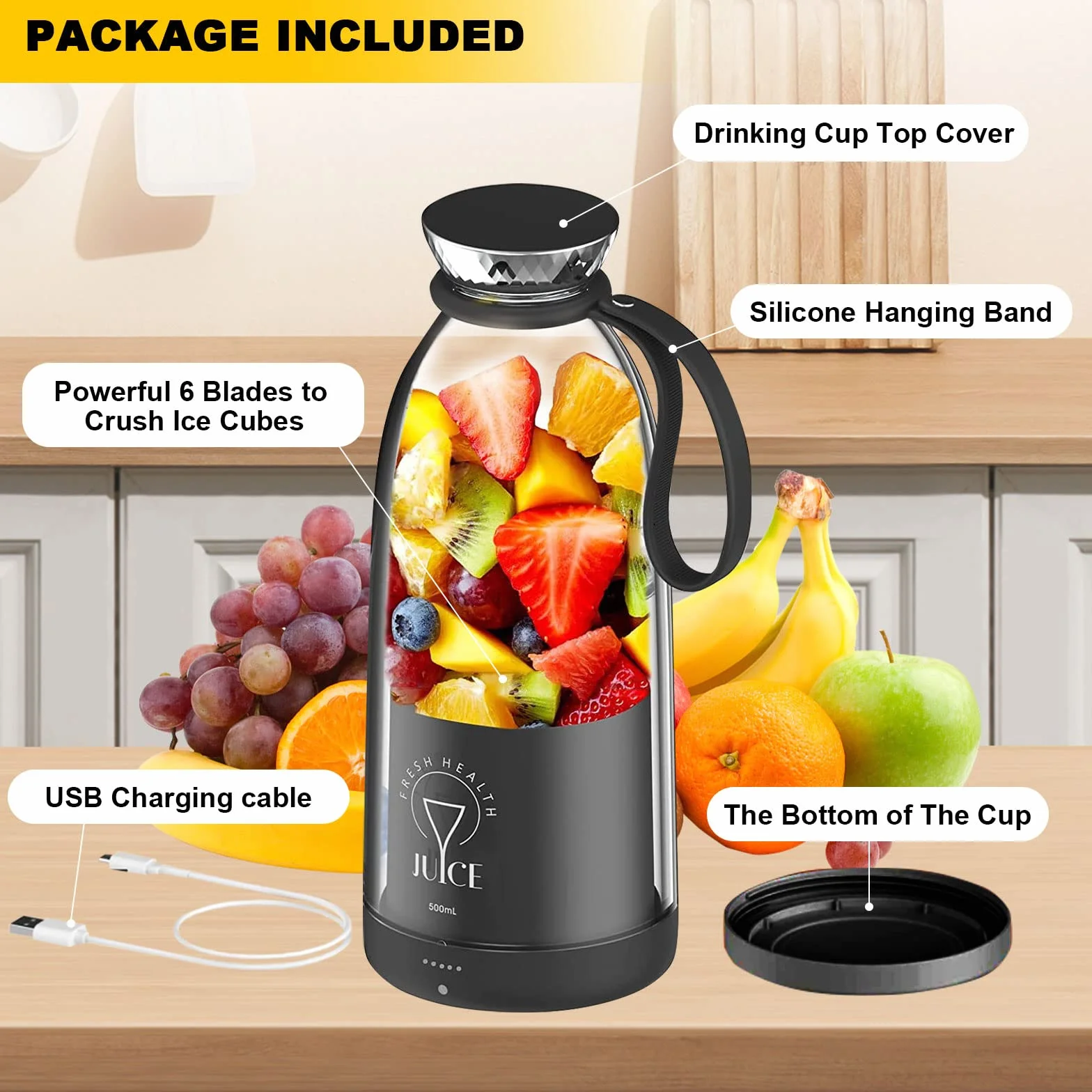 Mikser Smoothie Maker To Go,500 ml, przenośny mikser do ponownego ładowania, wielofunkcyjny mikser osobisty z 6 ostrzami ze stali nierdzewnej, butelka Fresh Juice do shakesów, soków, smoothie, podróży