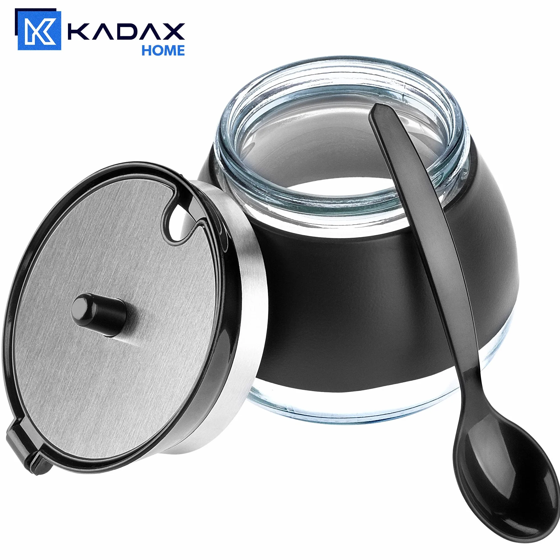 KADAX Cukiernica z łyżeczką 270 ml do podawania cukru do kawy i herbaty, czarna, ma pokrywkę i chroni przed wilgocią oraz rozsypaniem.
