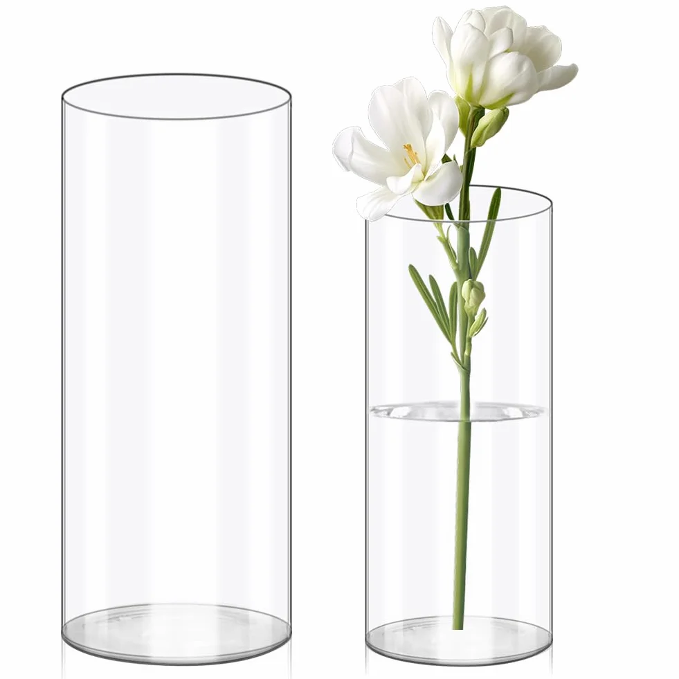 Olrla Zestaw 2-częściowy przezroczysty akrylowy wazon na kwiaty 25 x 12 cm i 20 x 10 cm, nietłukący się plastikowy wazon cylindryczny do aranżacji kwiatów, dekoracji ślubnych, DIY