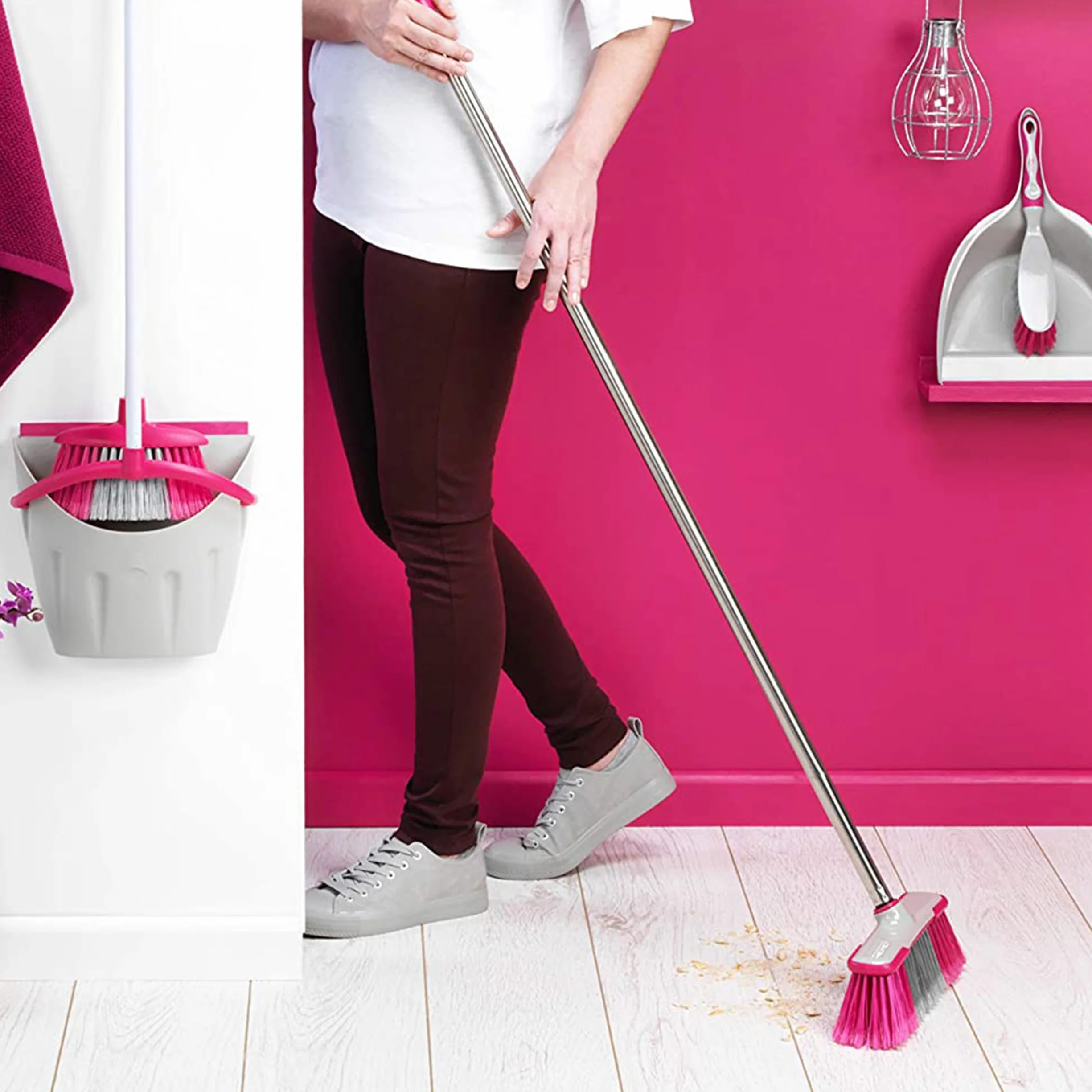 Kleeneze KL062437EU Soft Bristle Sweeping Brush Indoor Floor Sweeper Broom 1.2 Metre Handle Stainless Steel Grey Pink