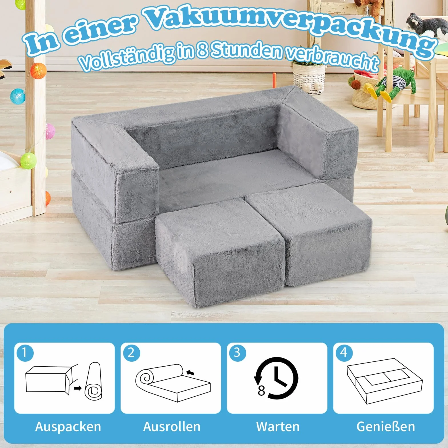 COSTWAY Modułowa sofa dziecięca, sofa do zabawy z pianki ze zdejmowanym pluszowym pokrowcem, rozkładana sofa modułowa dla chłopców i dziewczynek, fotel dziecięcy do pokoju zabaw, sypialni, pokoju