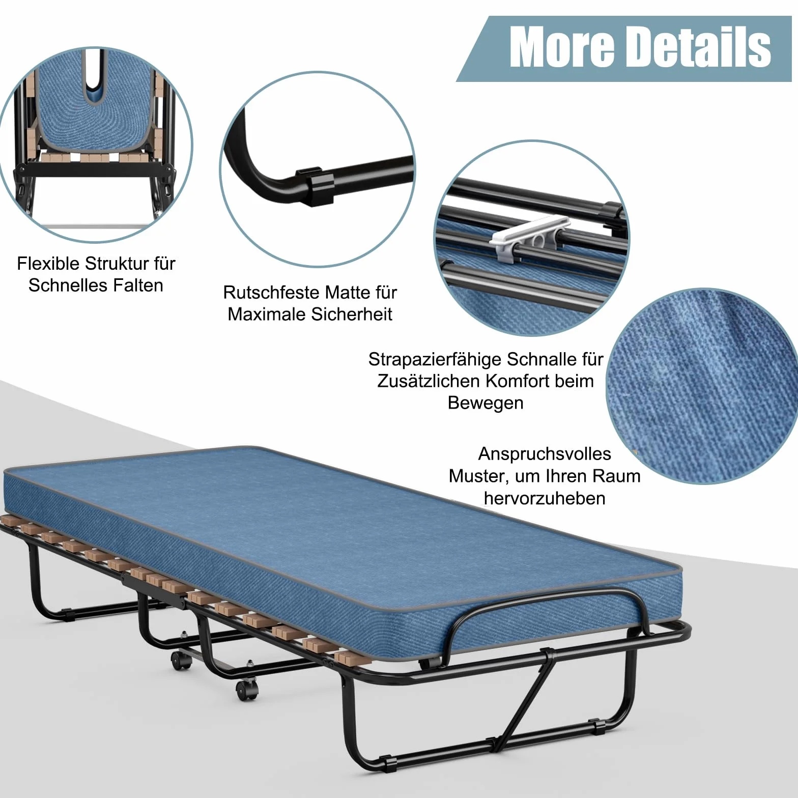 COSTWAY Łóżko dla gości 80 x 190 cm z materacem z pianki memory, składane łóżko pojedyncze, stabilne metalowe łóżko do 130 kg, na kółkach, do biura, pokoju gościnnego, łóżko przenośne (niebieskie)