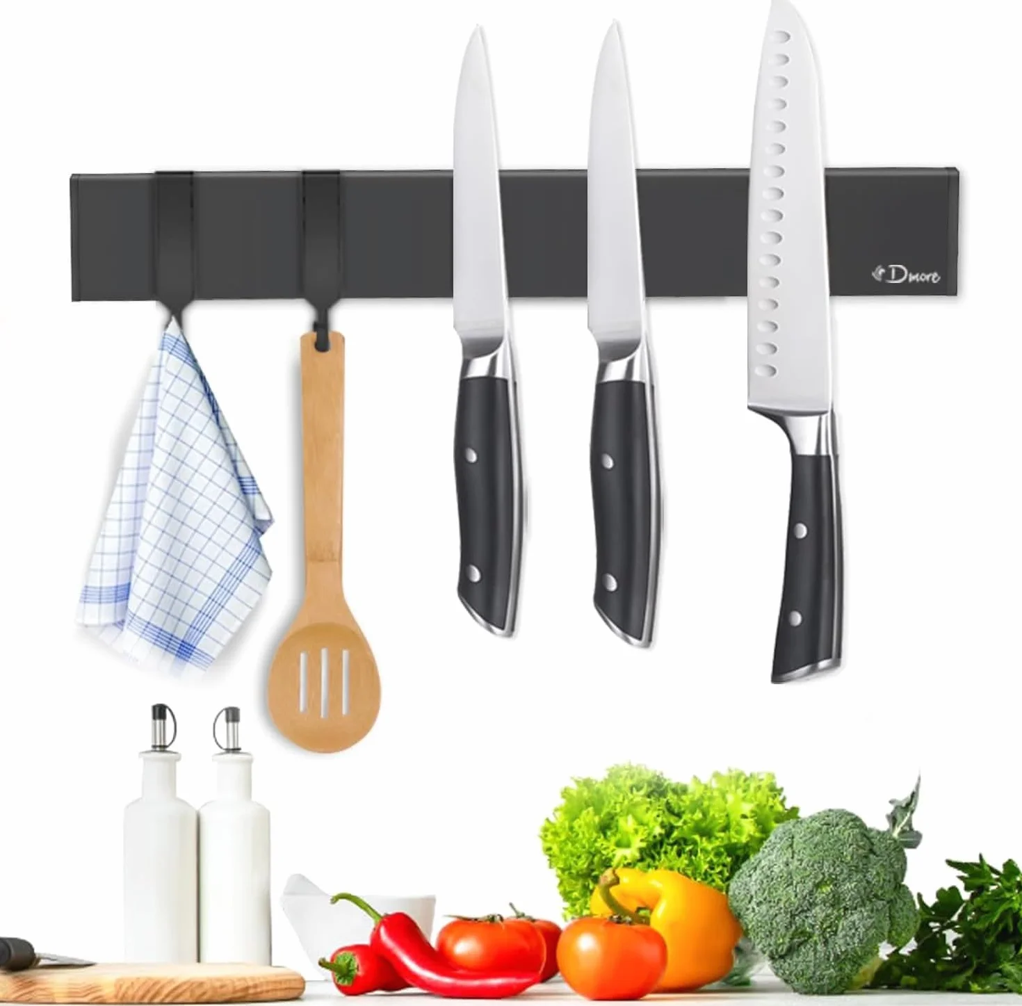 Dmore Listwa magnetyczna 30 cm z 2 haczykami, czarny uchwyt na noże, magnetyczny bez wiercenia, mocny magnetyczny uchwyt na noże, łącznie z taśmą klejącą i śrubami do noży, przyborów i narzędzi