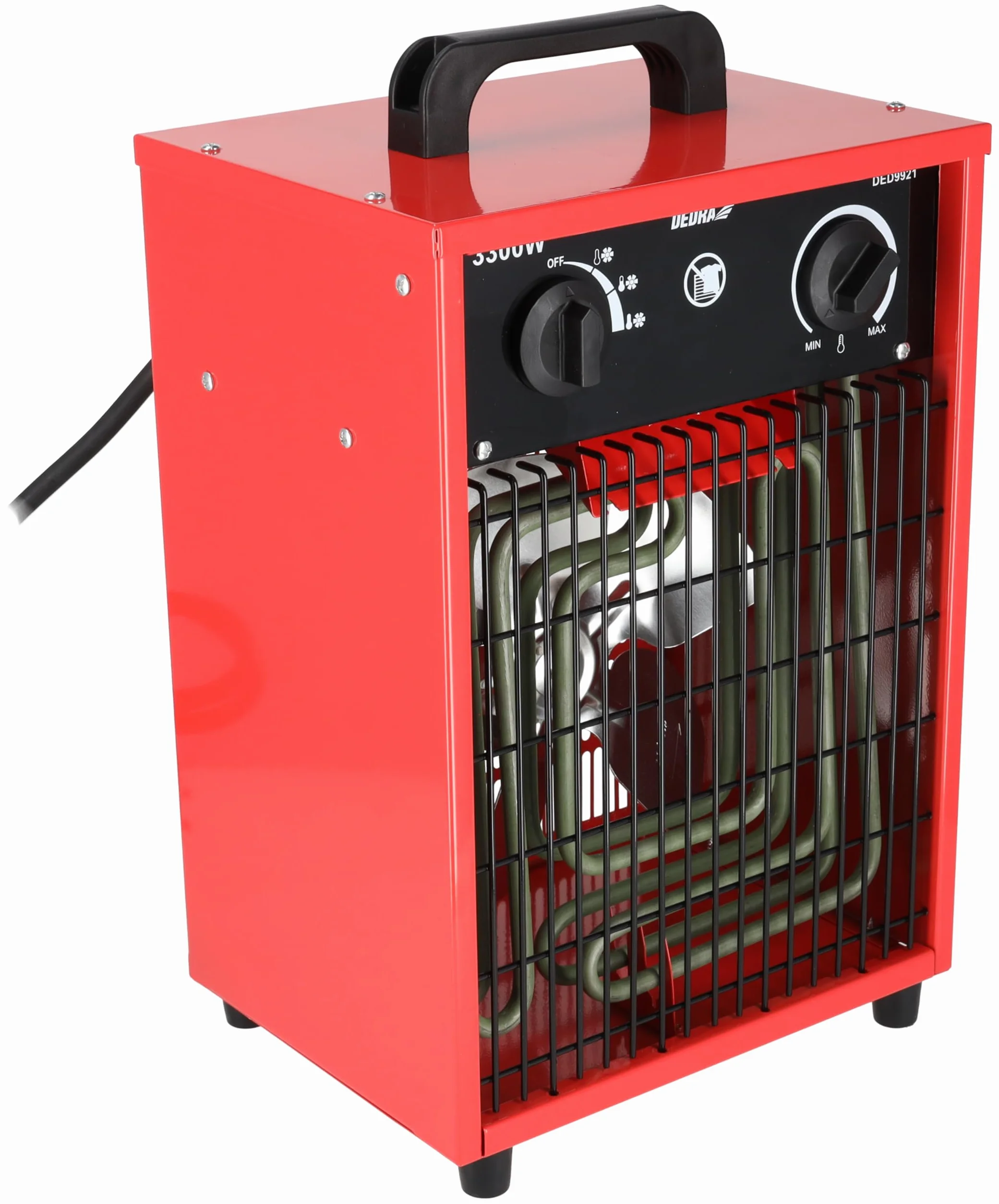 Dedra DED9921 – nagrzewnica elektryczna 3,3 kW, 230 V, 3 tryby pracy (wentylator, 1650 W, 3300 W), termostat, zabezpieczenie przed przegrzaniem, metalowa obudowa, uchwyt transportowy, do ~ 35m2