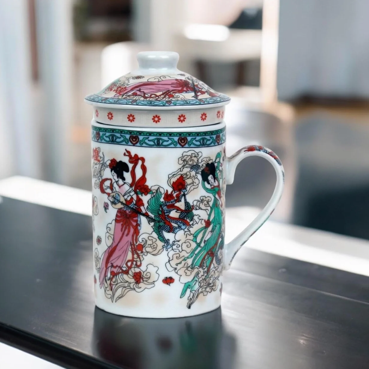 Ceramiczna filiżanka do herbaty z pokrywką i sitkiem, porcelanowy zestaw upominkowy, motyw azjatycki Dragon Flight