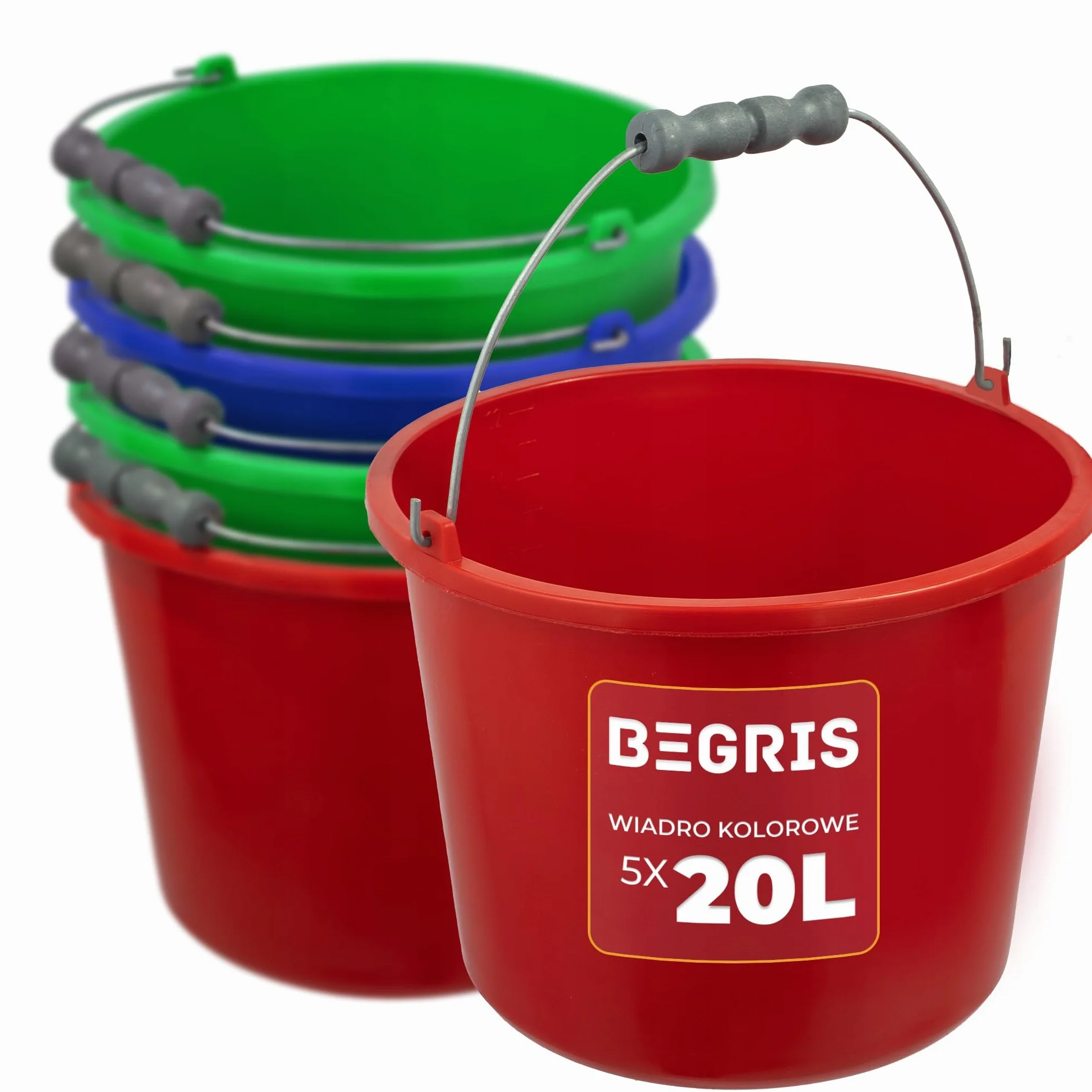 WIADRO BUDOWLANE GOSPODARCZE KOLOROWE 20L WIADERKO WIADRA 5 SZT Okrągłe Wiadro Mocne Plastikowe Wiaderko na Budowę, do Domu, Ogrodu Pojemnik z Metalową Rączką
