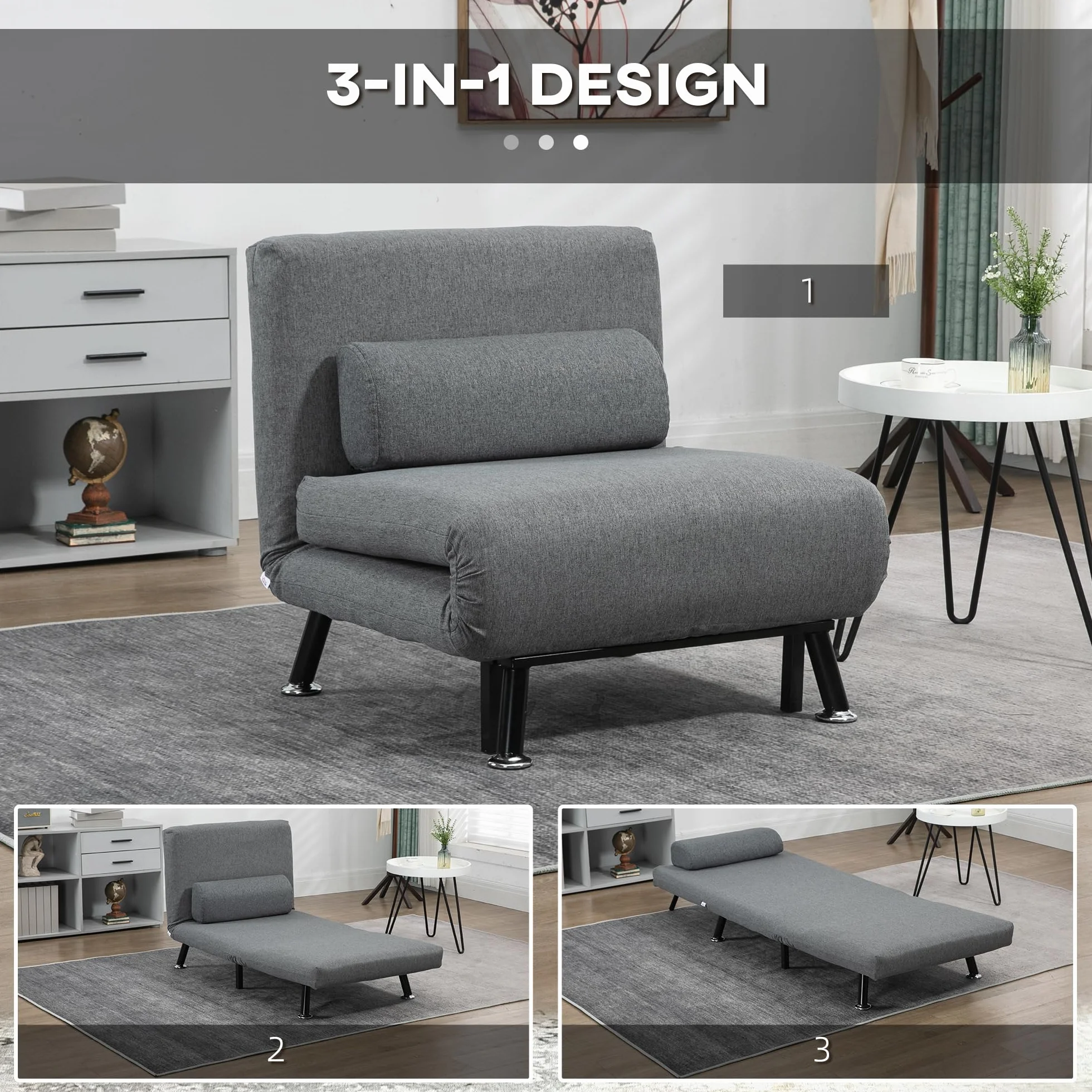 HOMCOM Fotel do spania 3 w 1, składany, z funkcją łóżka, regulowane oparcie, poduszka dla gości, obciążenie do 150 kg, fotel relaksacyjny, składany fotel do salonu, sypialni, 75 x 70 x 75 cm