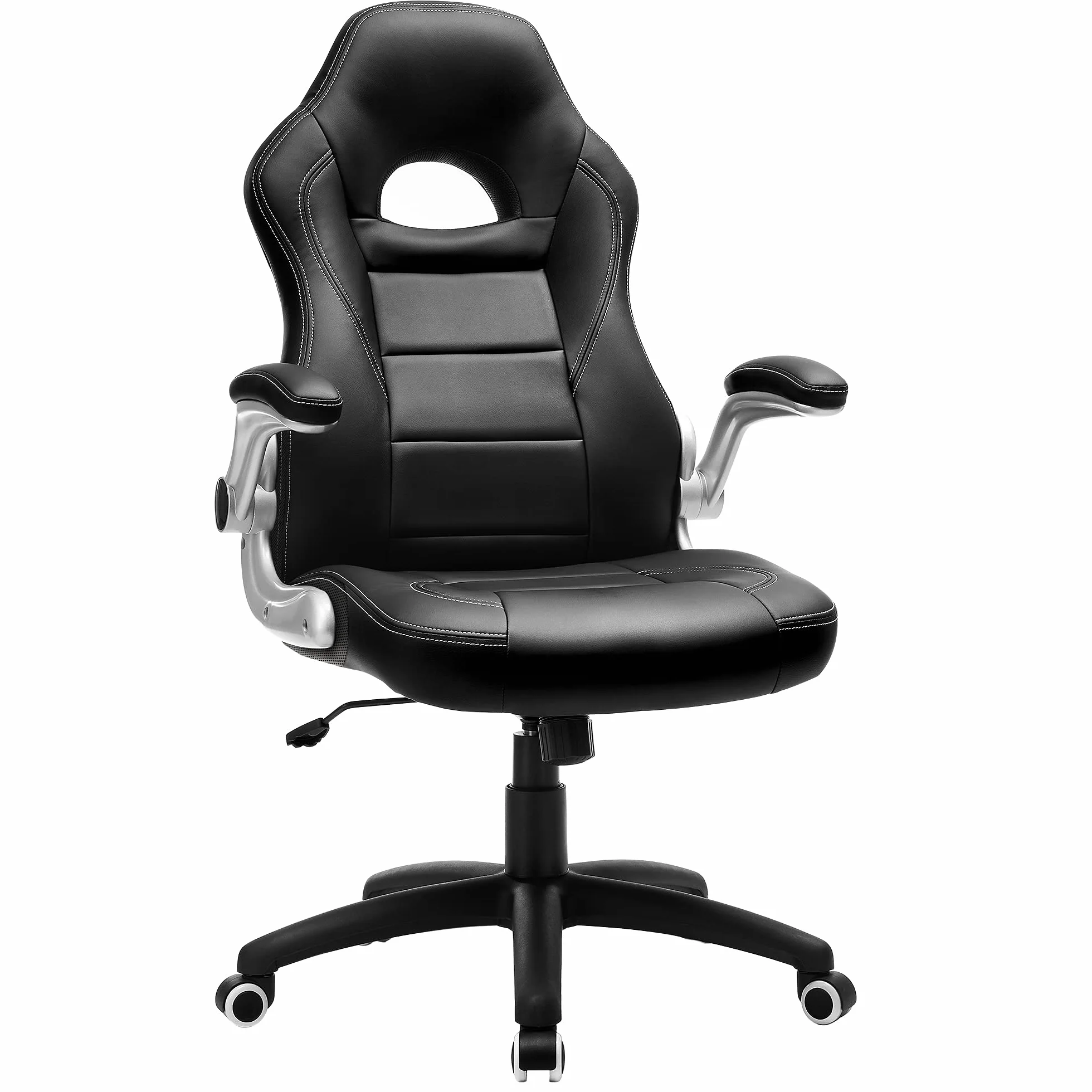 SONGMICS Krzesło gamingowe, Racing Chair, krzesło biurowe z wysokim oparciem, krzesło biurowe, z regulacją wysokości, składane podłokietniki, funkcja przechylania, dla graczy, czarne OBG28B