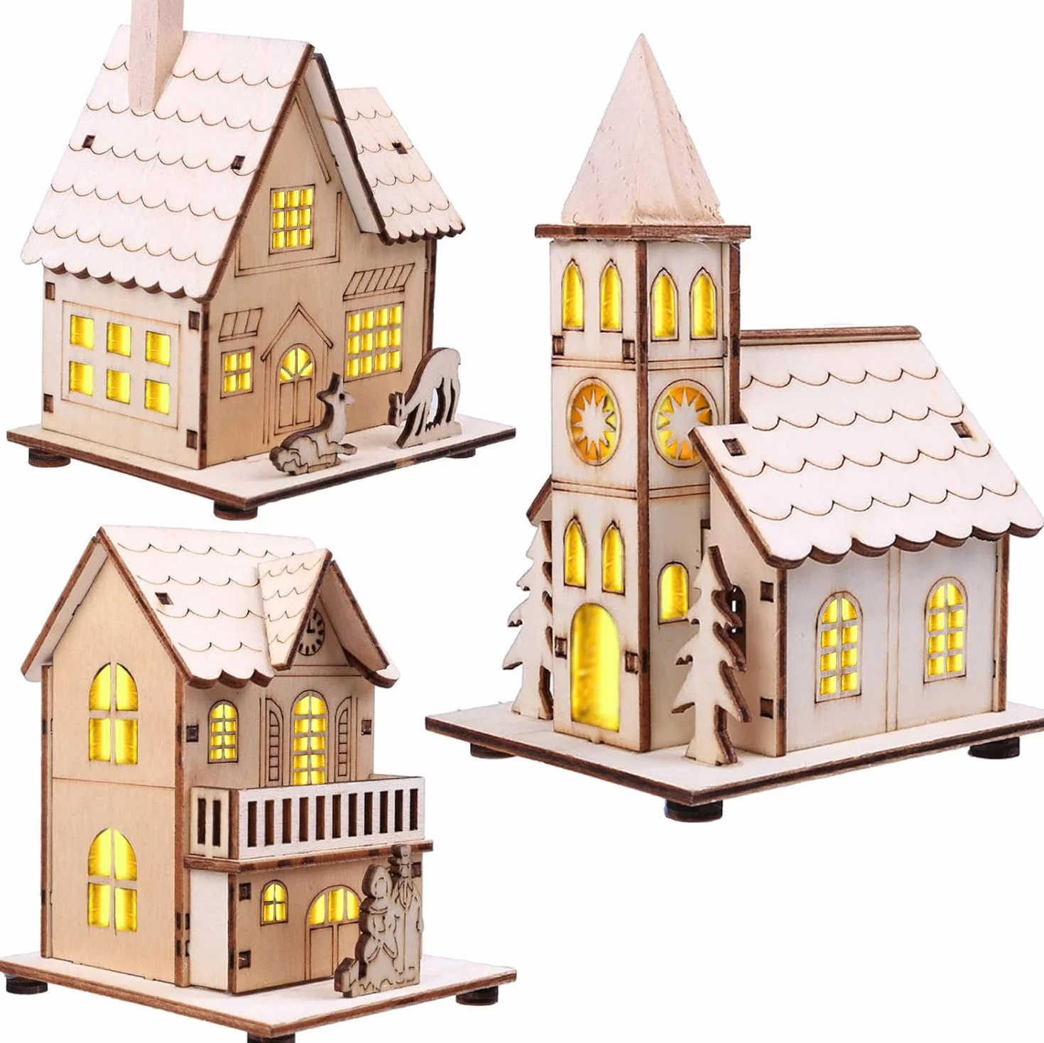 Drewniane domki wiejskie LED na Boże Narodzenie, miniaturowa wioska z lampkami, dekoracja stołu świąteczna, 3 sztuki