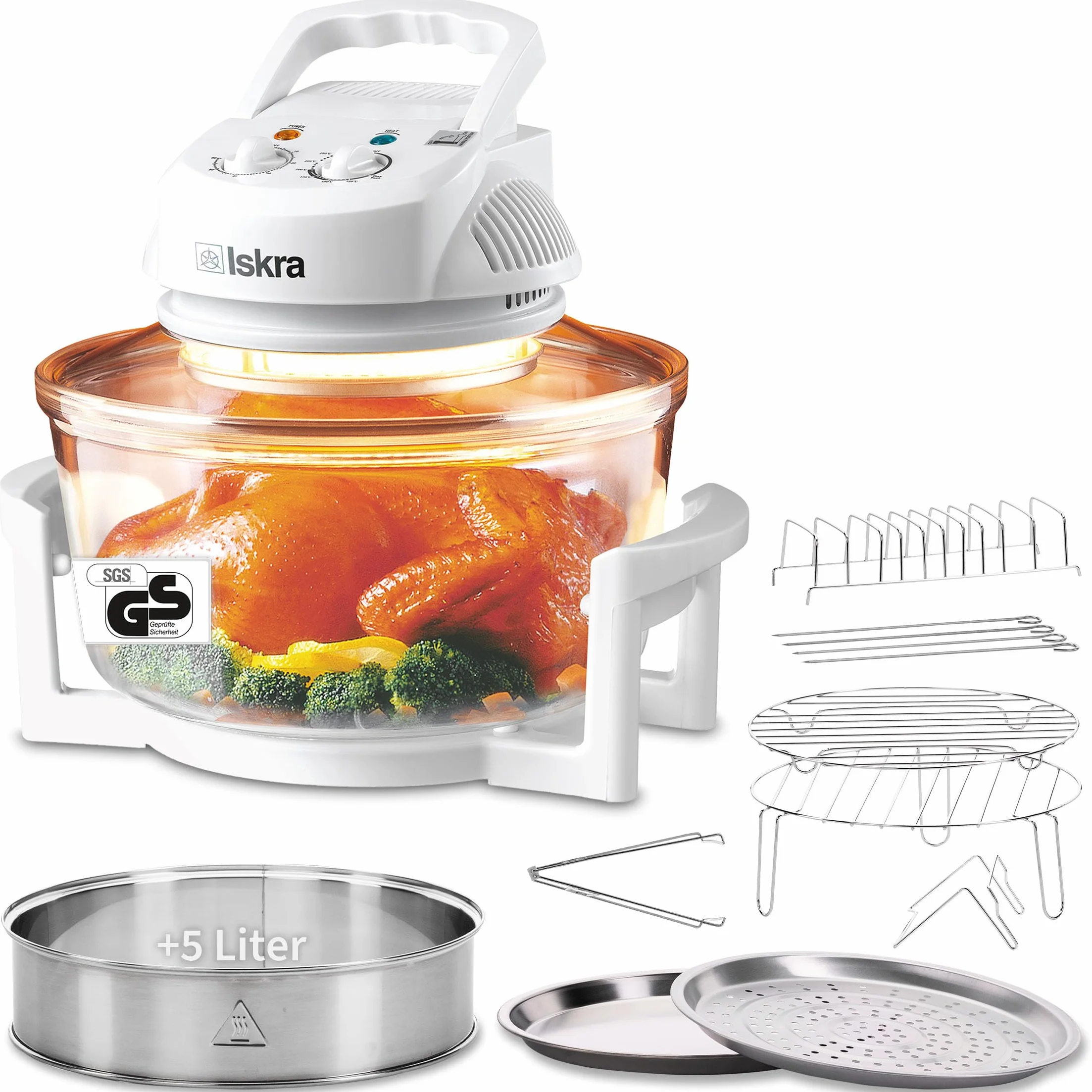 Iskra Piec halogenowy 12-17 l, wydajny piec konwekcyjny, 250 °C piec na gorące powietrze z timerem, 1400 W, szybkie nagrzewanie, wytrzymałe szkło, bogate akcesoria