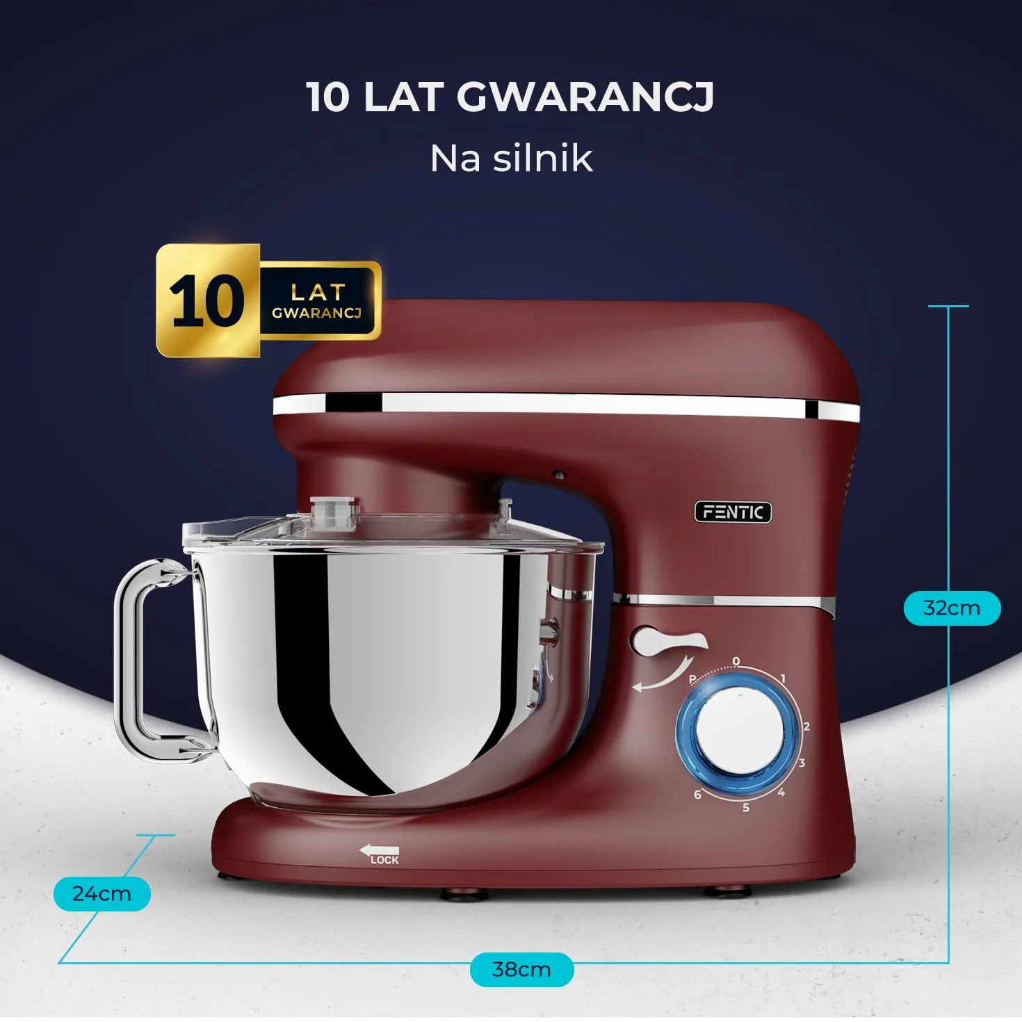Robot kuchenny - 2000 W - miska do mieszania ze stali nierdzewnej (6,2 l) - mikser kuchenny z hakiem do mieszania, hakiem do zagniatania, trzepaczką i ochroną przed pryskaniem - w zestawie