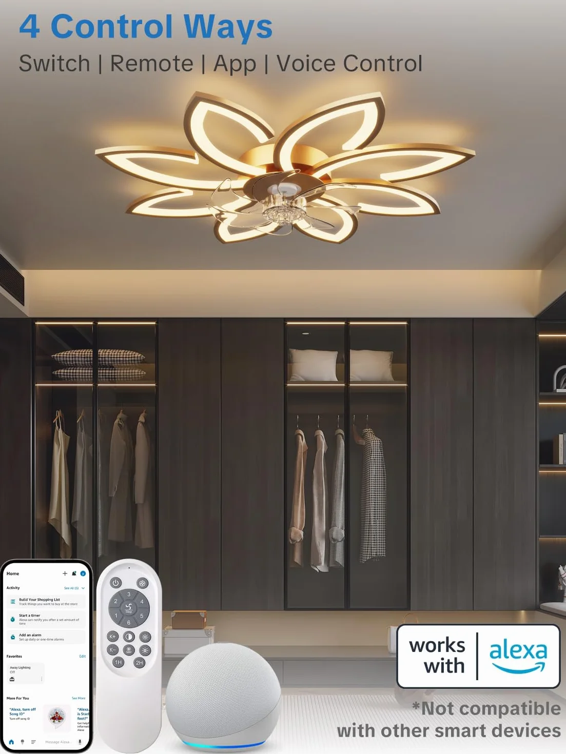 Wentylator sufitowy z oświetleniem i pilotem zdalnego sterowania lampa z cichym wentylatorem, kwiatowy wzór, nowoczesny design, możliwość ściemniania, funkcja pamięci, silnik DC, letnia zima