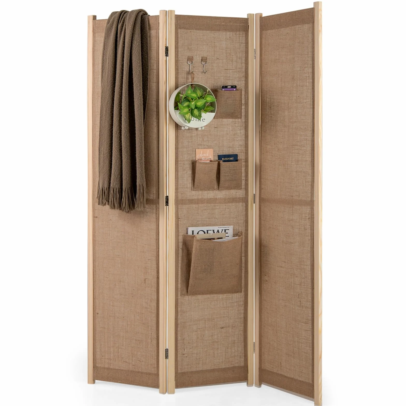 COSTWAY Parawan 170 x 121 cm, ścianka działowa z 2 haczykami, 1 duża i 3 małe torby do przechowywania, 3-częściowa ścianka działowa składana, wygląd lnu, drewniana rama, ochrona przed wzrokiem do