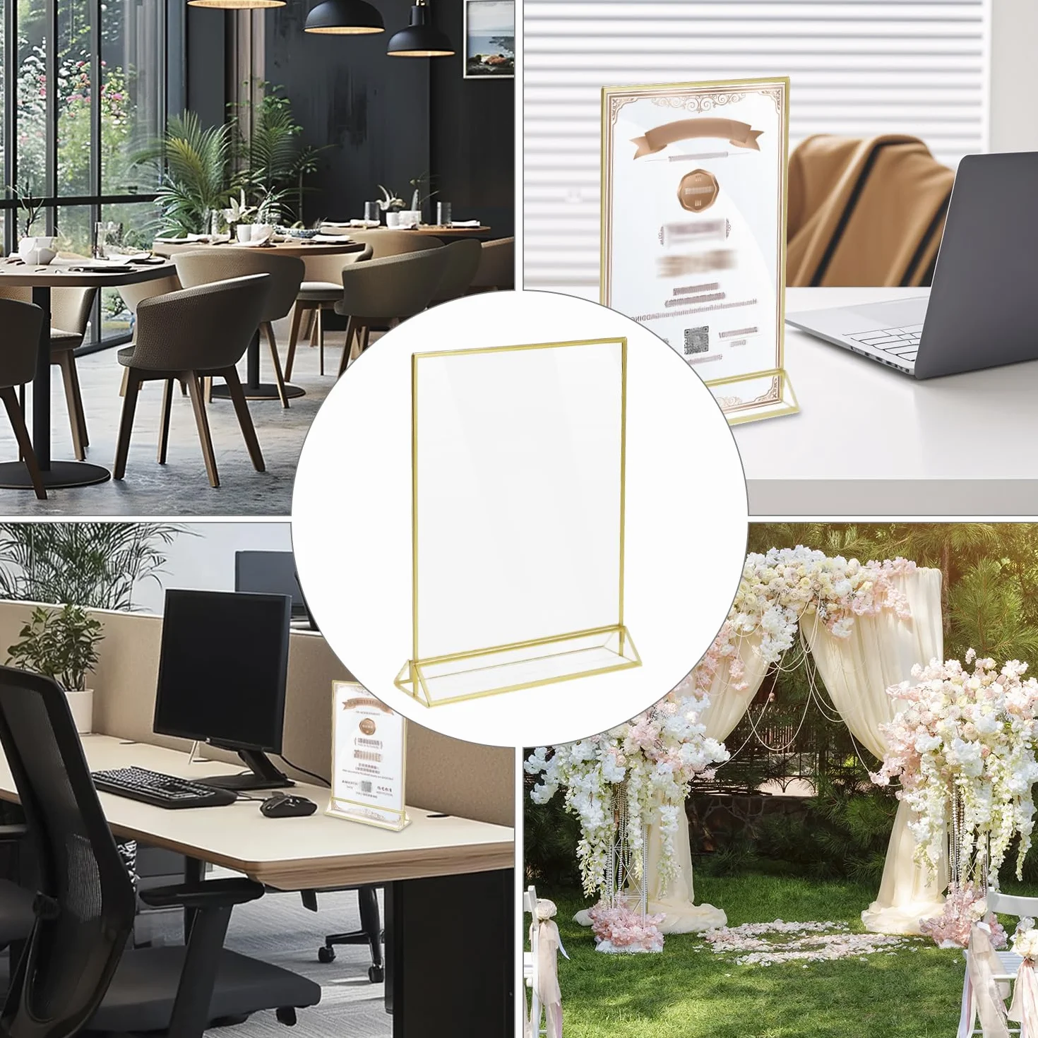 QWORK® 6 złotych ramek na zdjęcia, akrylowa ramka na zdjęcia A5, dwustronna ramka na stół, na wesele, do restauracji