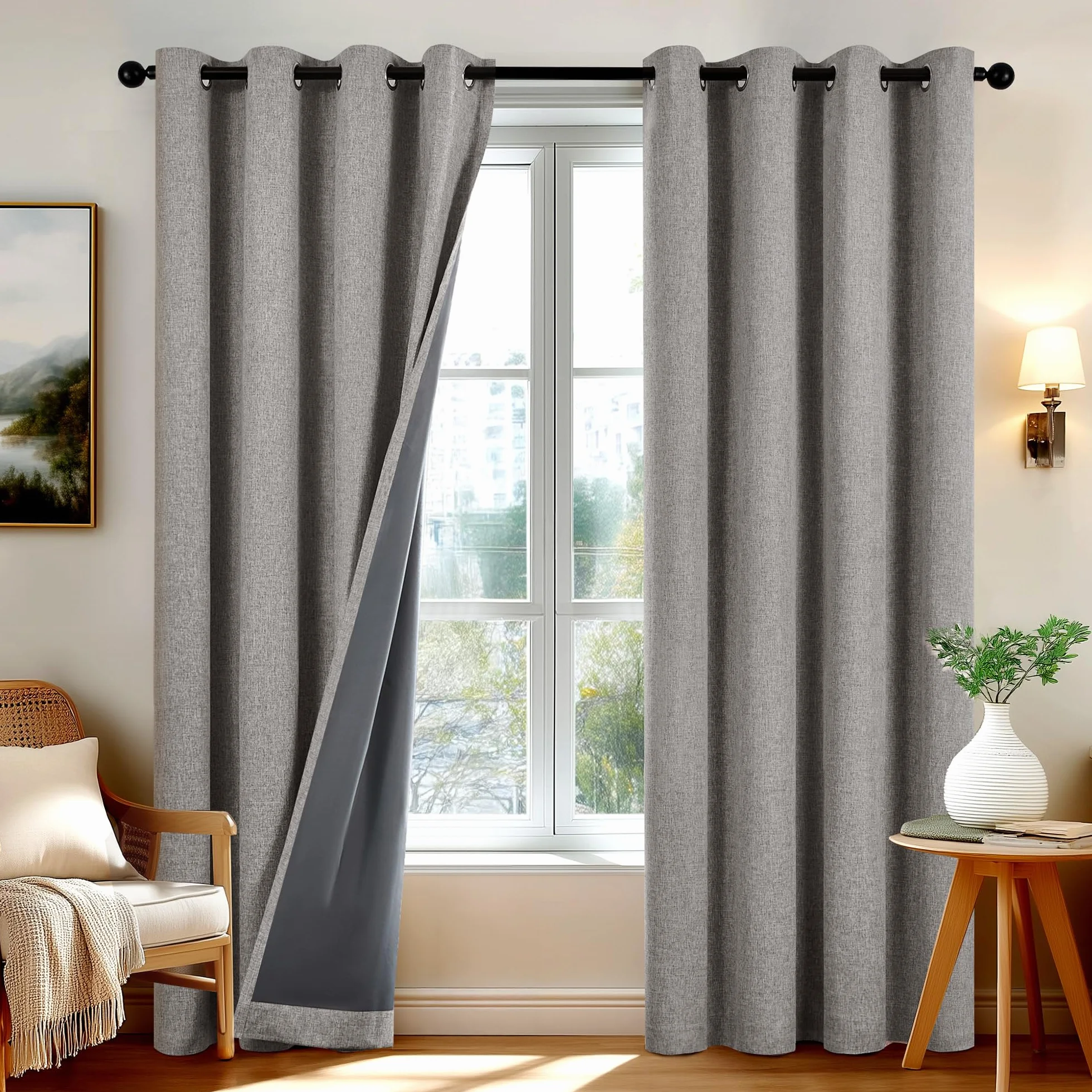 Deconovo Zasłony zaciemniające do wnętrz, 100% z oczkami, zestaw 2 izolowanych termicznie zasłon o wyglądzie lnu, 140 x 240 cm, brązowy, do sypialni i salonu