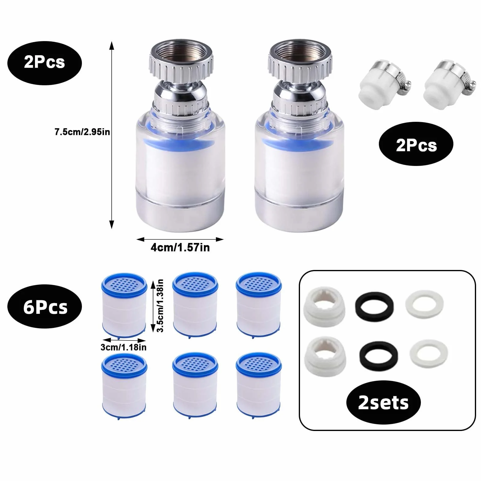 2 sztuki filtrów do wody, kran, filtr 360°, 6 sztuk bawełnianego elementu filtrującego PP i uniwersalnym adapterem, filtr do kranu do domu, kuchni, łazienki, umywalki