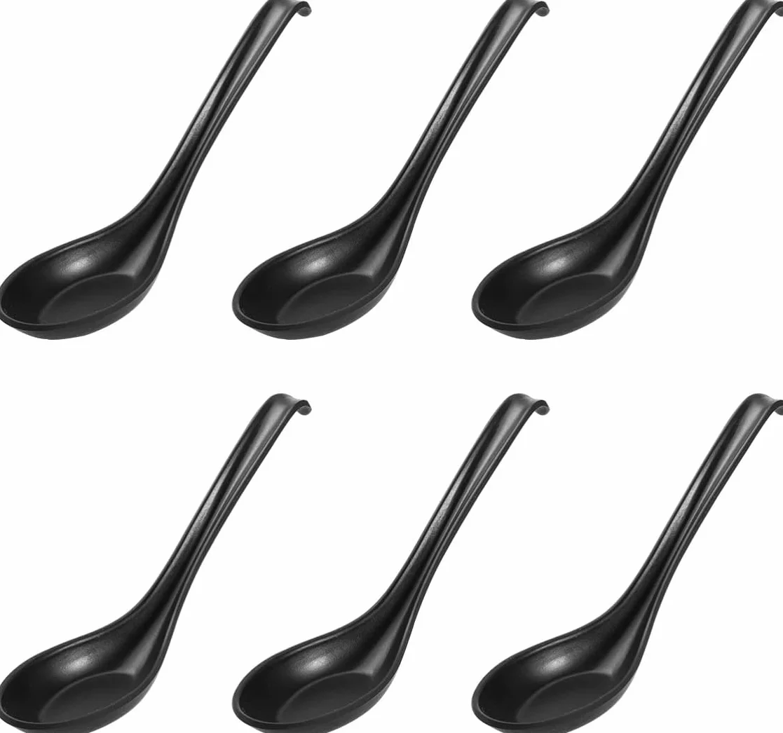 LATRAT 6 sztuk melaminy łyżki do zupy, azjatyckie łyżki do zupy, melaminy łyżka do ryżu z długim uchwytem do makaronu Wonton Soba Rice Pho Ramen