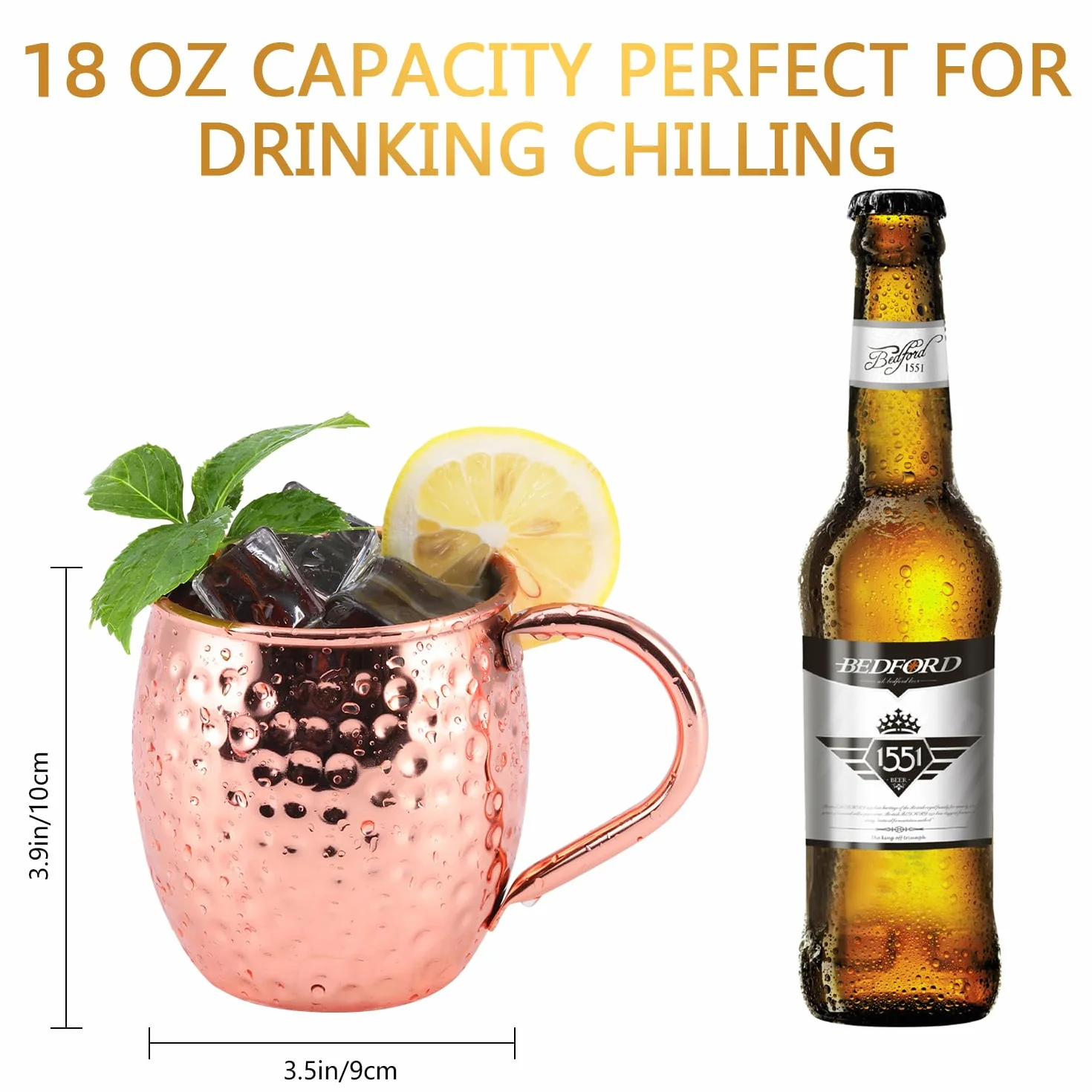 Moscow Mule zestaw 4 kubków miedzianych, w 100% ręcznie wykonanych kubków miedzianych, 550 ml, zestaw bonus: 4 wysokiej jakości słomki do koktajli i 1 jigger.