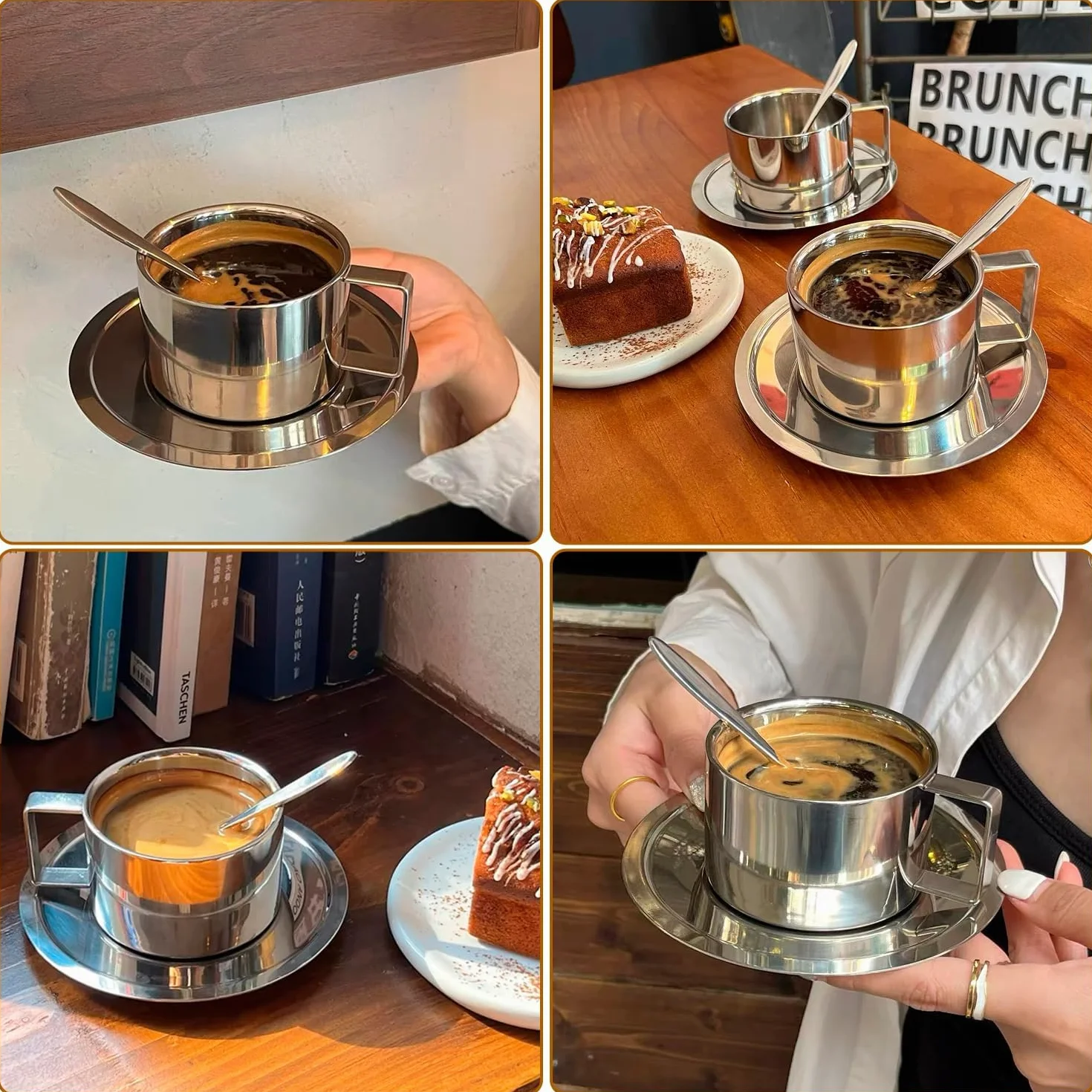 Zestaw 4 filiżanek do kawy ze stali nierdzewnej, 200 ml, podwójne ścianki, metalowe, do espresso, filiżanki termiczne z łyżeczką i spodkiem, do kawy, latte, herbaty, mleka