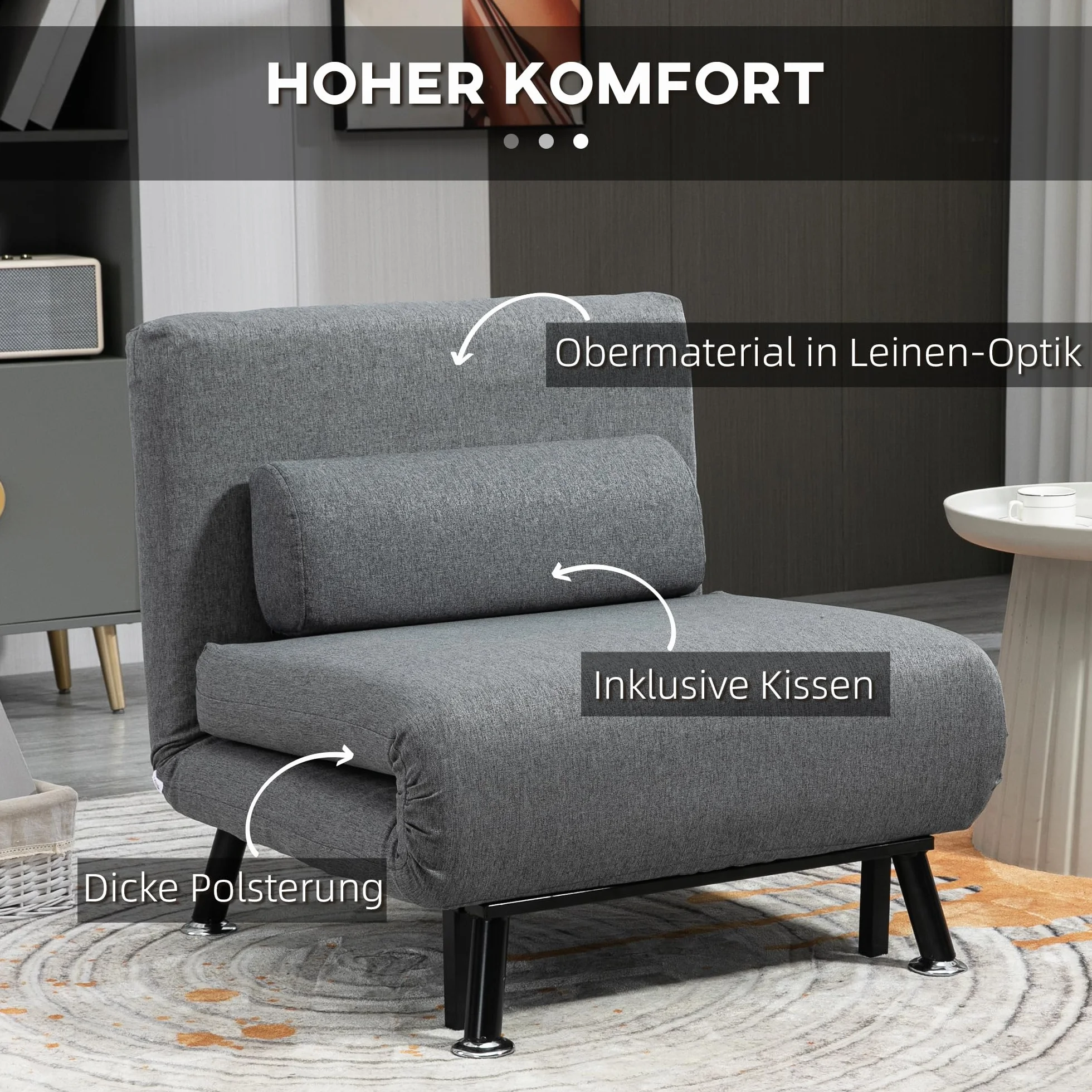 HOMCOM Fotel do spania 3 w 1, składany, z funkcją łóżka, regulowane oparcie, poduszka dla gości, obciążenie do 150 kg, fotel relaksacyjny, składany fotel do salonu, sypialni, 75 x 70 x 75 cm