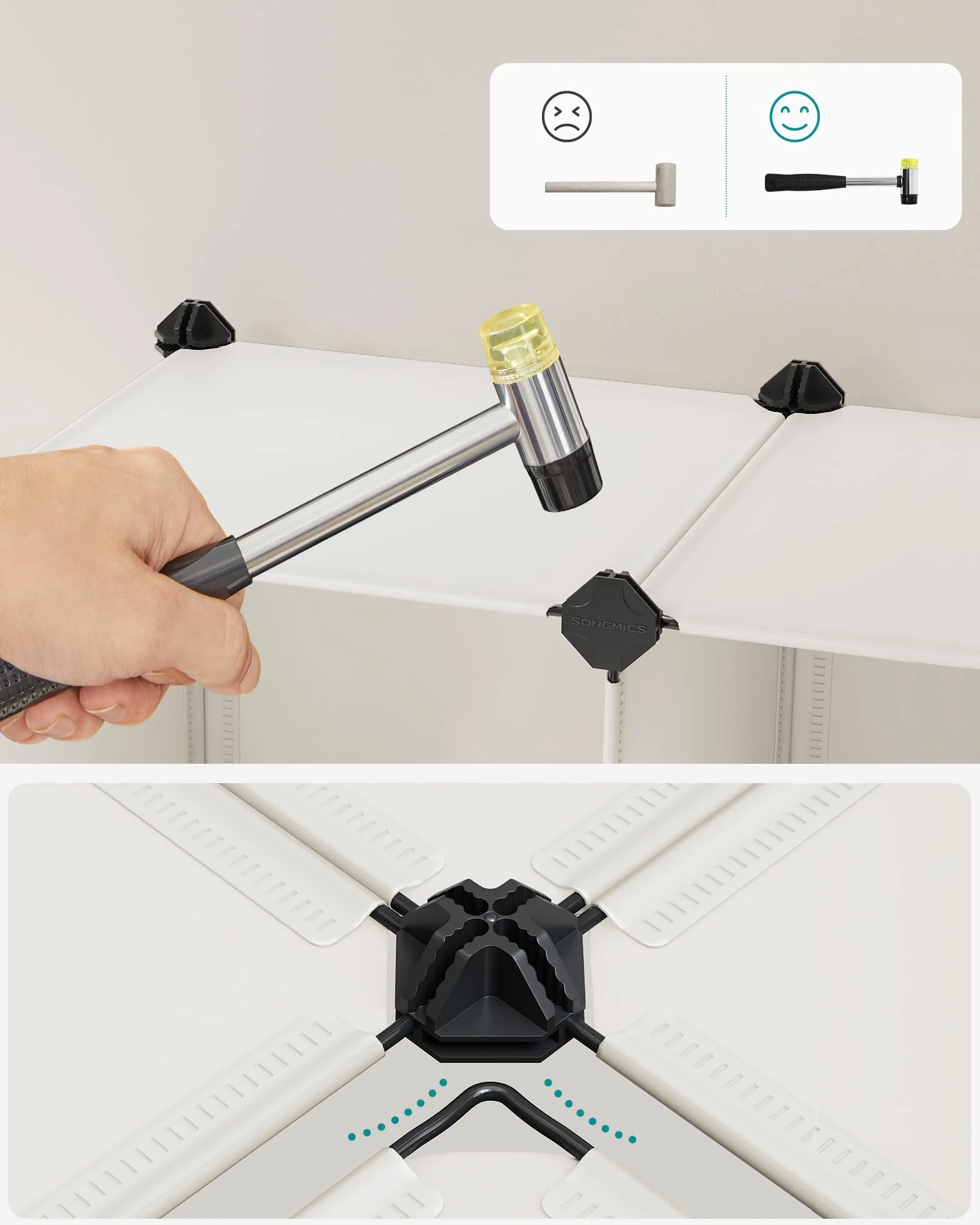 SONGMICS Modułowy organizer do przechowywania w kostce z tworzywa sztucznego, z nóżkami, stojak na buty, każda kostka 30 x 30 x 30 cm, do salonu, sypialni, gabinetu, z gumowym młotkiem, kremowo-biały
