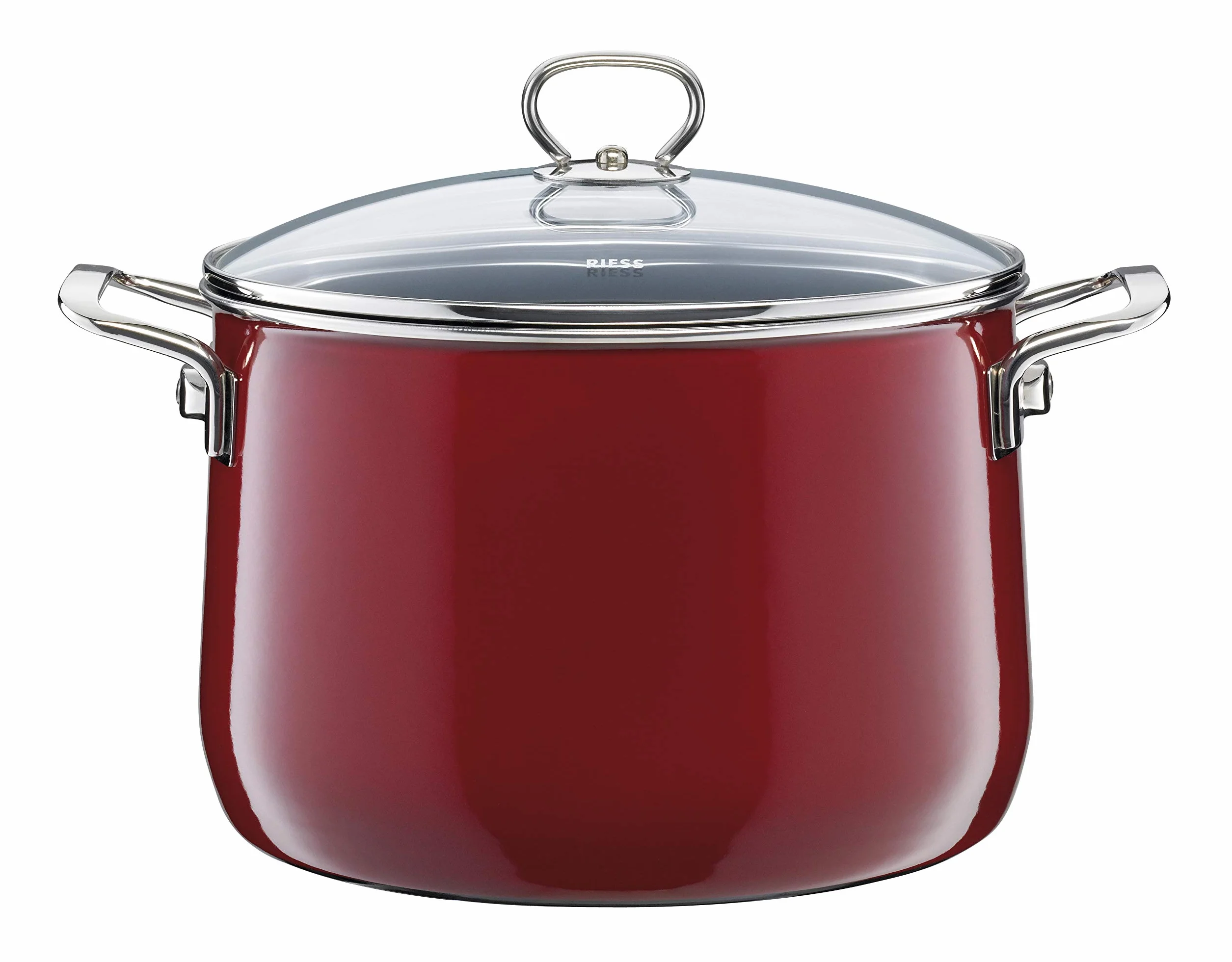Riess, 0558-008, 5-częściowy zestaw emalii, NOUVELLE, ROSSO EXTRA MOK, składa się z: garnka do mięsa ze szklaną pokrywką 16, 20, 24 cm, rondel ze szklaną pokrywką 20 cm, patelnia emaliowana 28 cm