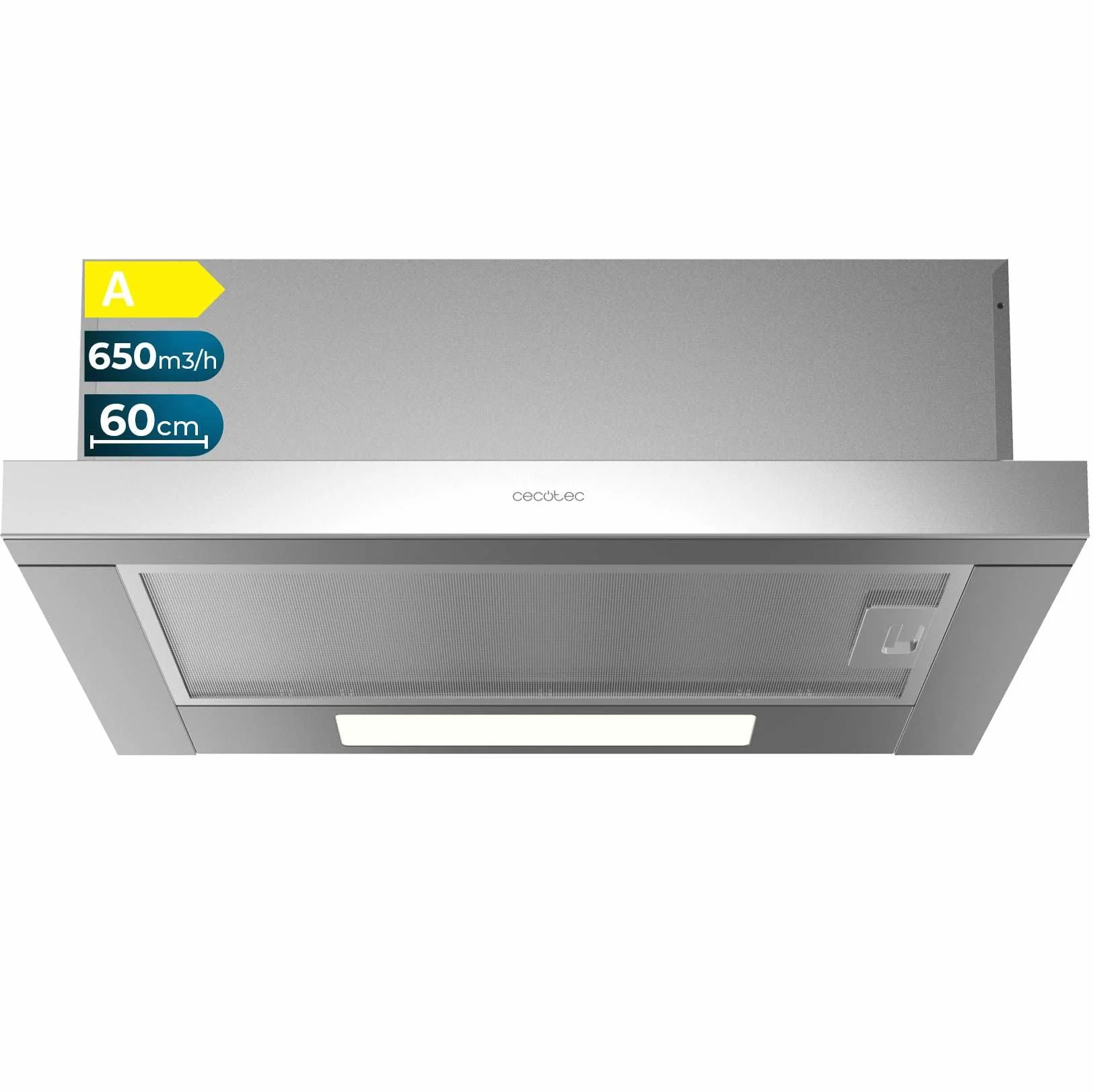 Cecotec Okap Teleskopowy 60cm Bolero Flux TLM 606500 Inox A. Silnik 165W, moc ssania 650m3/h, sterowanie mechaniczne, 2 poziomy mocy, światło i filtr węglowy, wykończenie Inox