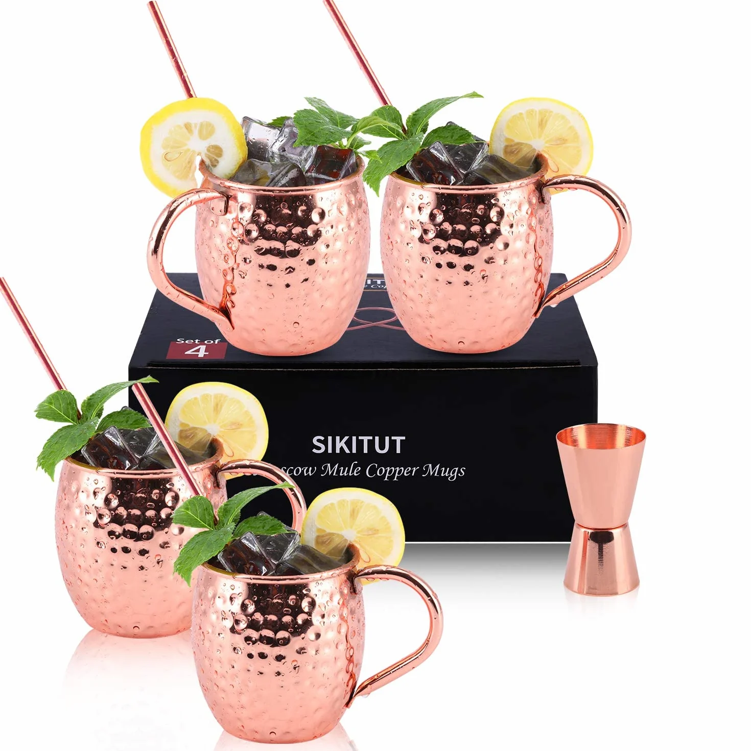 Moscow Mule zestaw 4 kubków miedzianych, w 100% ręcznie wykonanych kubków miedzianych, 550 ml, zestaw bonus: 4 wysokiej jakości słomki do koktajli i 1 jigger.
