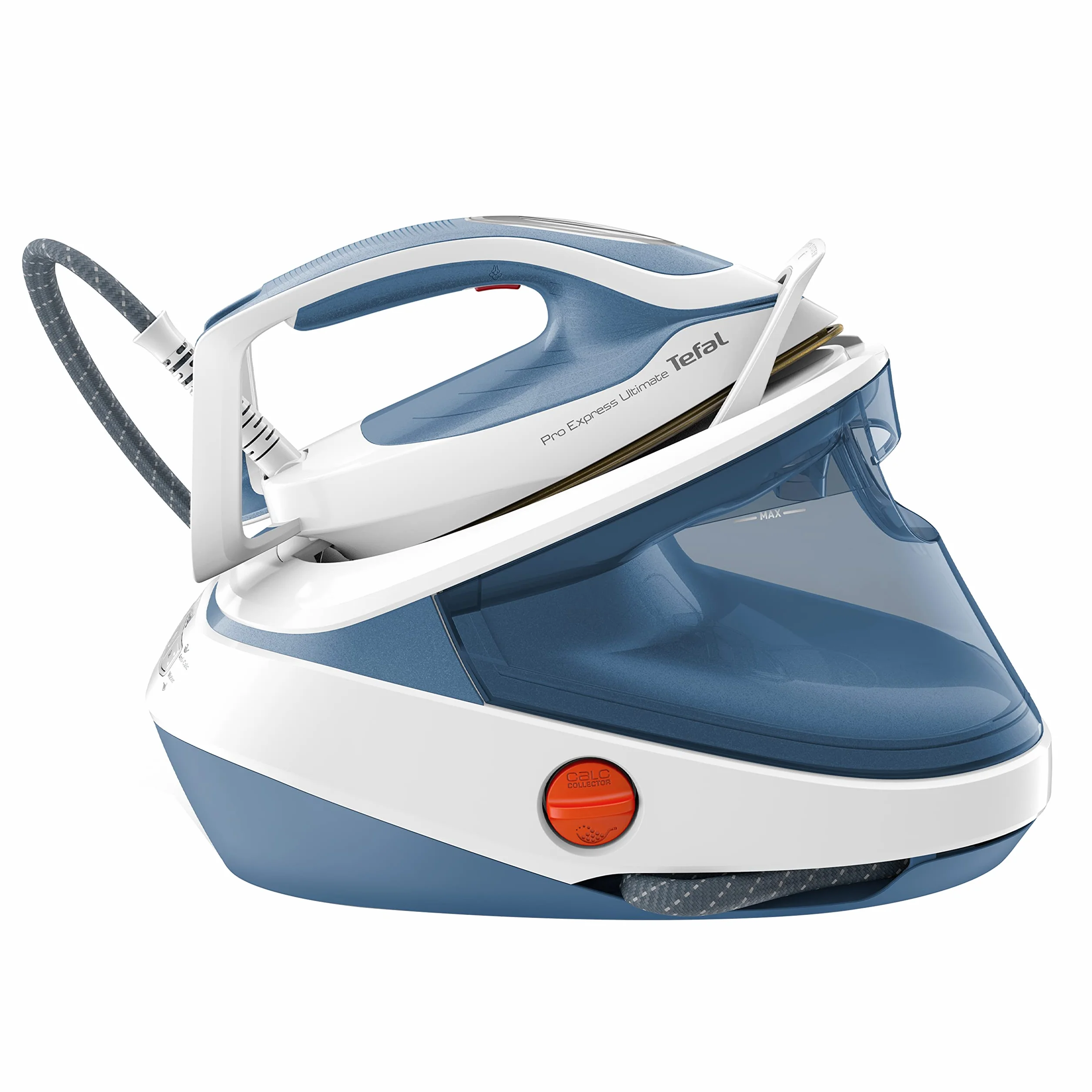 TEFAL GV9710 Pro Express Ultimate Generator pary, Stacja do prasowania parowego, prasowanie w pionie, 7,6 barów, stały wyrzut pary 155g/min, uderzenie pary 580g/min, Calc Collector, biały/niebieski