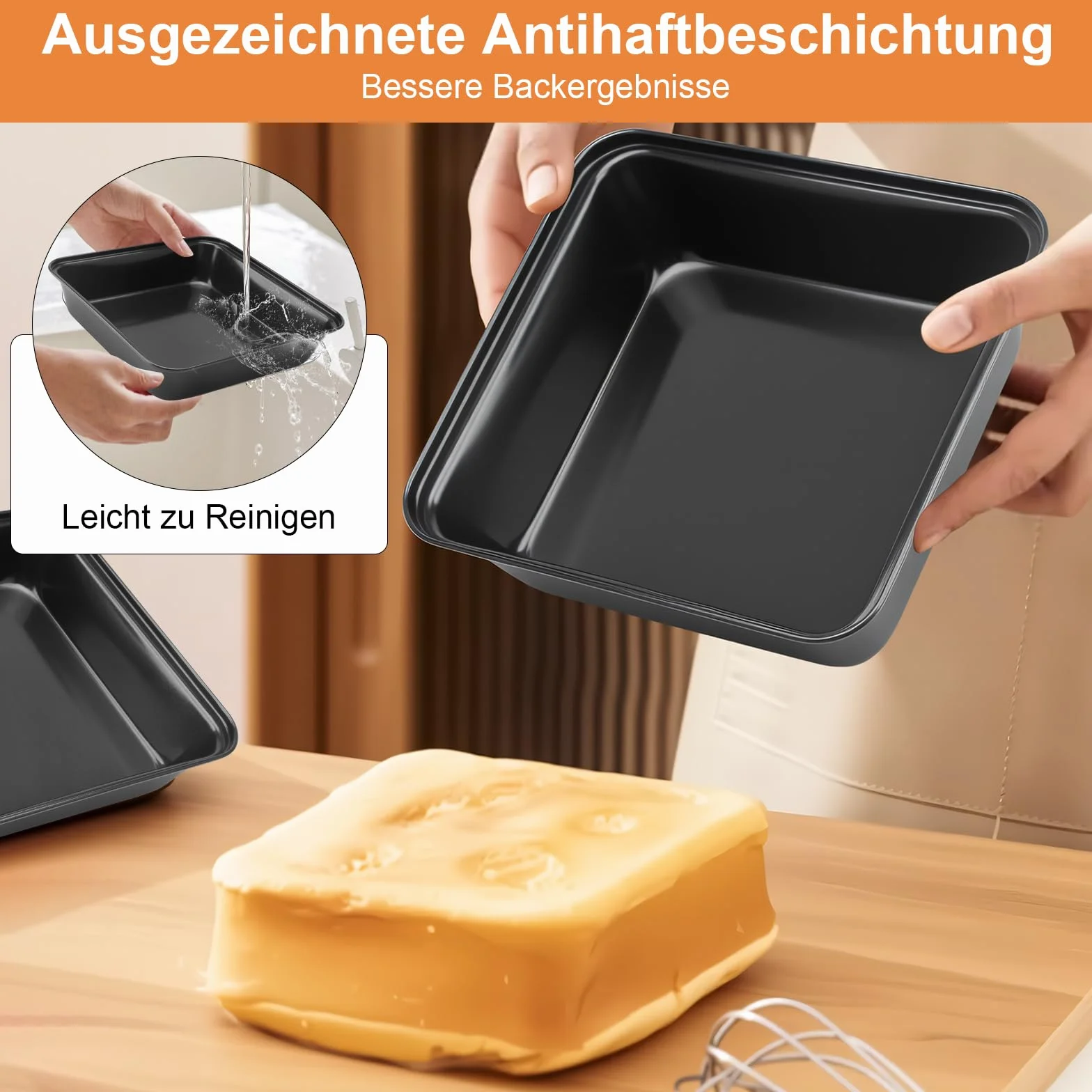 APOMOONS 2 sztuki blach do pieczenia ciast, stal nierdzewna, z powłoką zapobiegającą przywieraniu, kwadratowa forma do ciasta, lasagne, z żółtym pędzlem do oleju, łatwa do czyszczenia, 22 x 22 x 5,5
