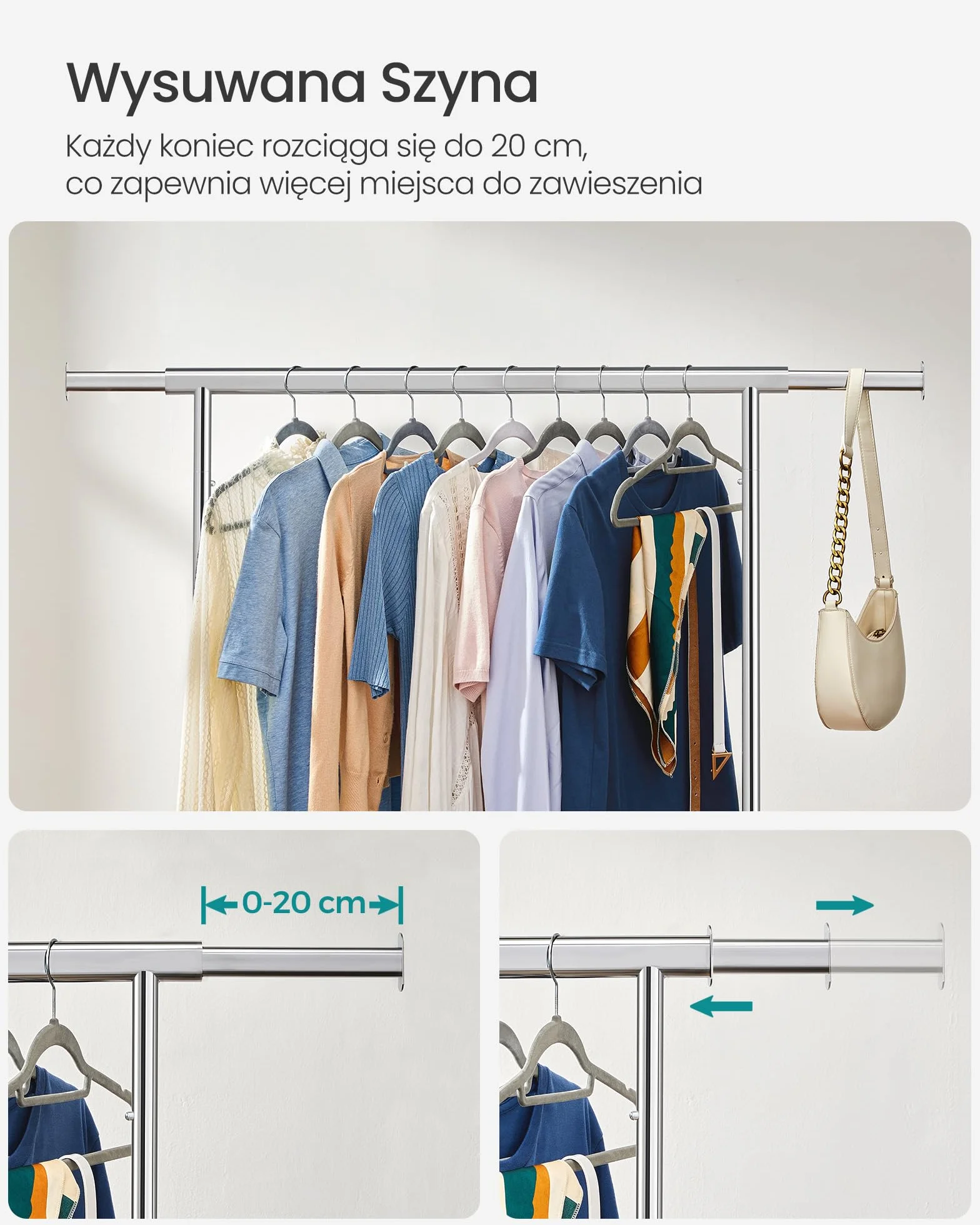 SONGMICS Stojak na ubrania z kółkami, wysuwany drążek do dużego obciążenia, wieszak na płaszcze, przechowywanie odzieży, nośność 90 kg, łatwy montaż, srebrny HSR13S