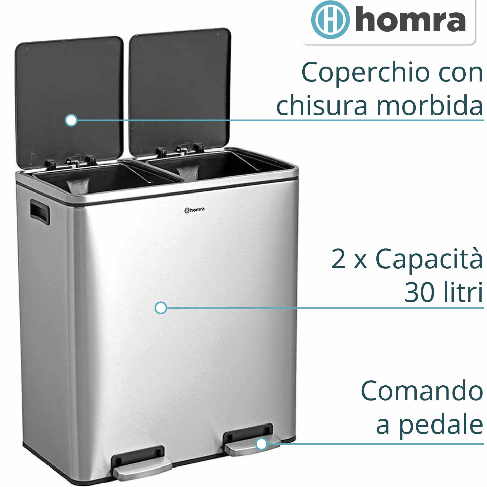 Homra Kosz na śmieci 60 litrów Quickx | Kosz na śmieci Tri Selective 2 Tace 2x30l | Kosz na śmiec z dwoma komorami | Kosz na śmeci z wewnętrznymi wiaderkami | Pojemnik na śmieci | Stal nierdzewna