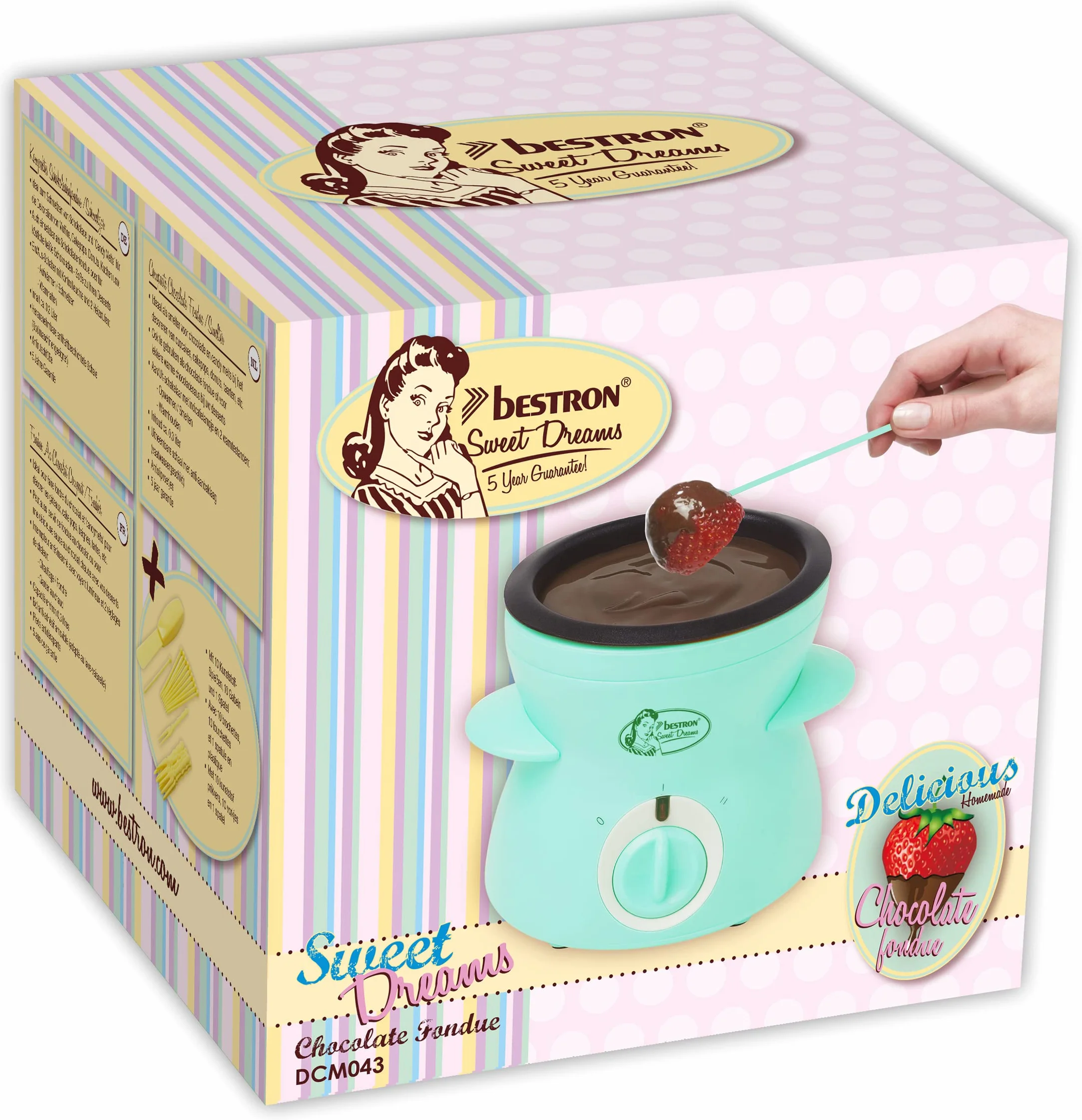 Bestron Czekoladowe fondue dla 2 osób, mini zestaw do fondue czekoladowego, w zestawie: 10 szpikulców, 10 widelców i 1 x szpachelka, 25 W, kolor: miętowy