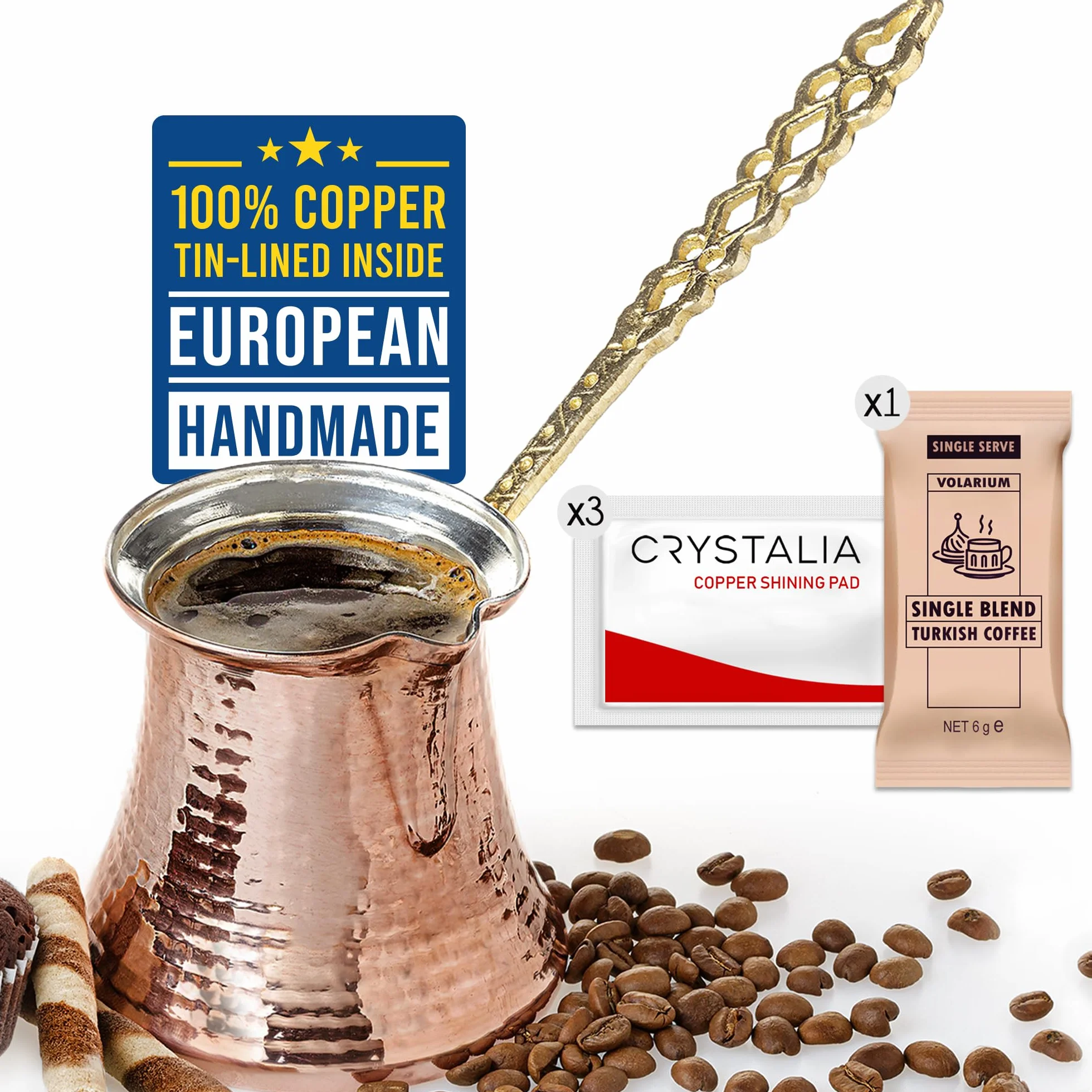 CRYSTALIA Turecki Dzbanek do Kawy, 425 ml, Ręcznie Robiony Grecki Arabski Ekspres, Młotkowana Miedź Cezve