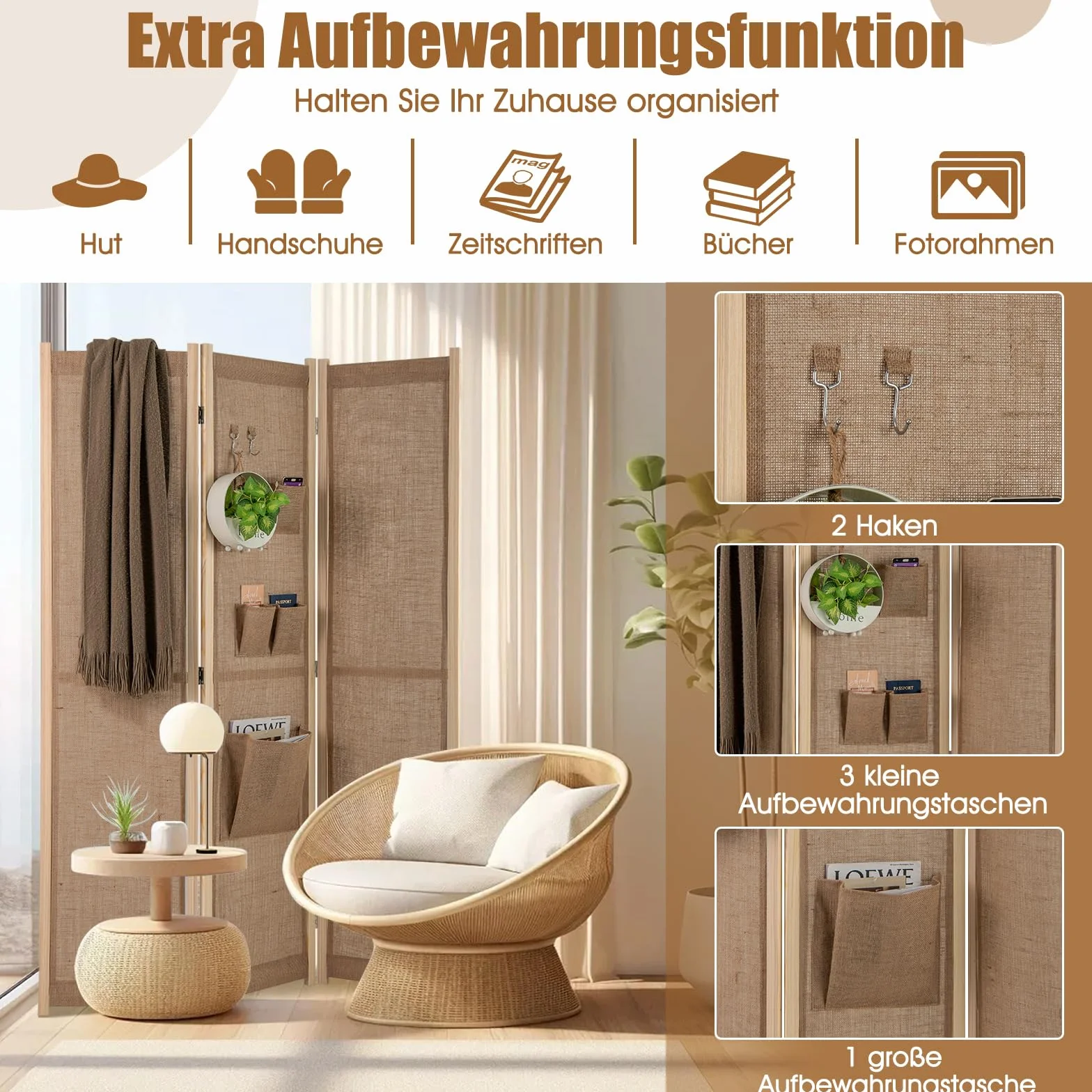 COSTWAY Parawan 170 x 121 cm, ścianka działowa z 2 haczykami, 1 duża i 3 małe torby do przechowywania, 3-częściowa ścianka działowa składana, wygląd lnu, drewniana rama, ochrona przed wzrokiem do