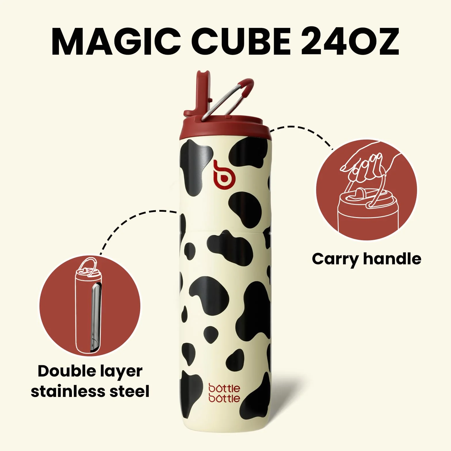 BOTTLE BOTTLE Butelka termiczna 750 ml ze stali nierdzewnej ze słomką i zakrętką – szczelna, bez BPA – do szkoły, podróży i fitnessu (wzór w krowie łaty)