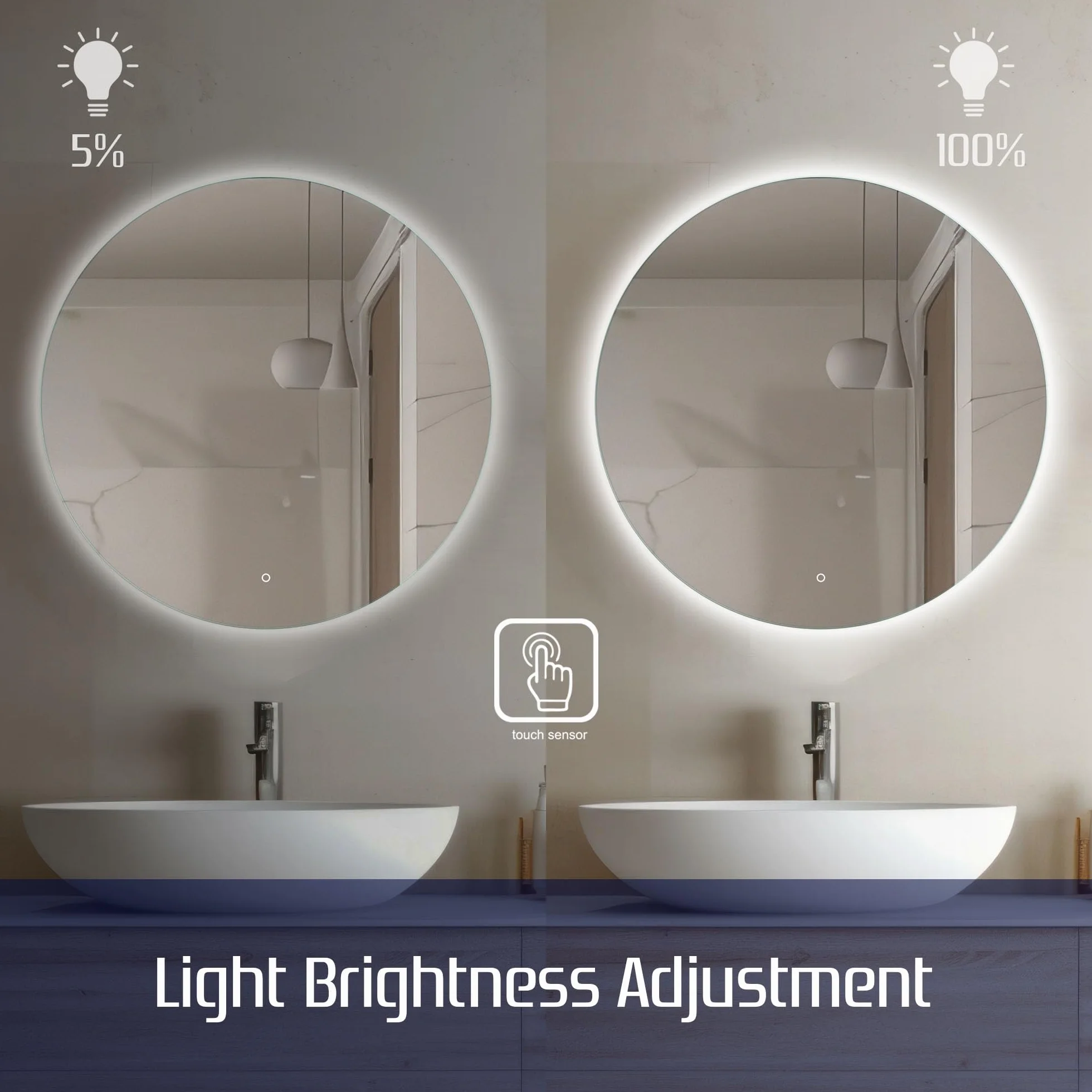 Okrągłe lustro łazienkowe 80 cm z oświetleniem LED, Okrągłe lustro ścienne LED z włącznikiem, Lustro z naturalnym białym światłem, Podświetlane z tyłu